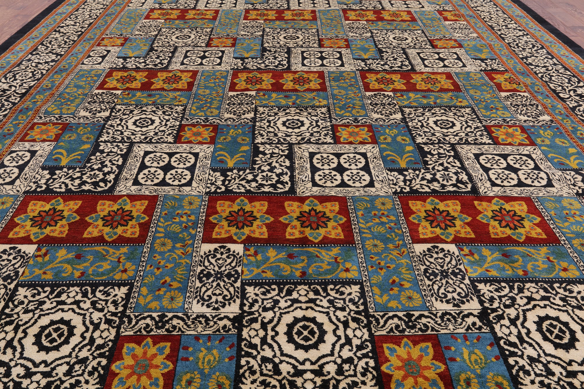 Black William Morris Hand Knotted Wool Area Rug - 12' 2" X 15' 6" - Golden Nile