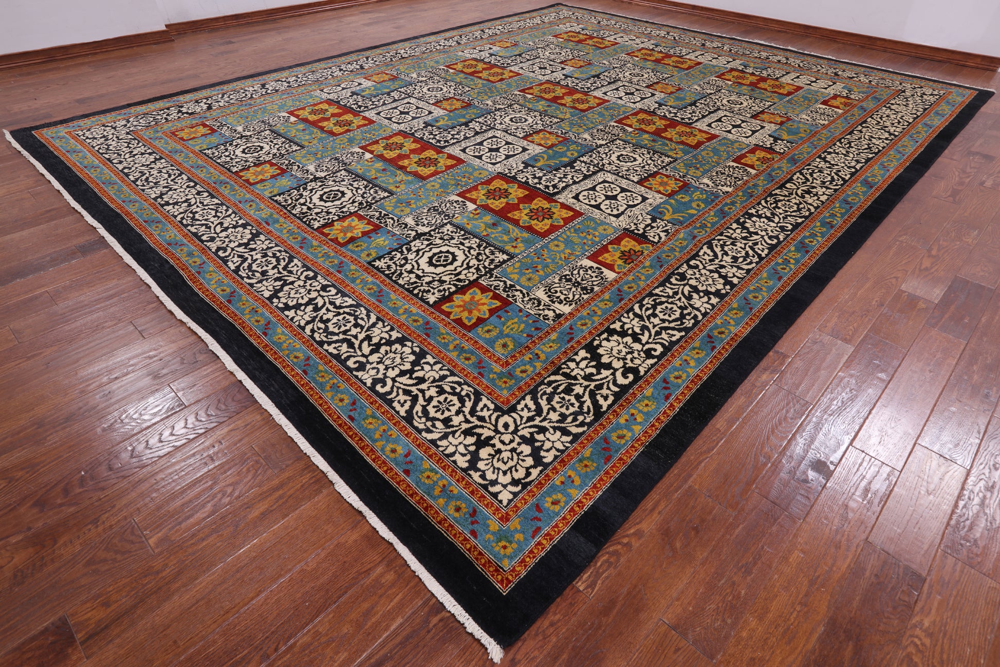 Black William Morris Hand Knotted Wool Area Rug - 12' 2" X 15' 6" - Golden Nile