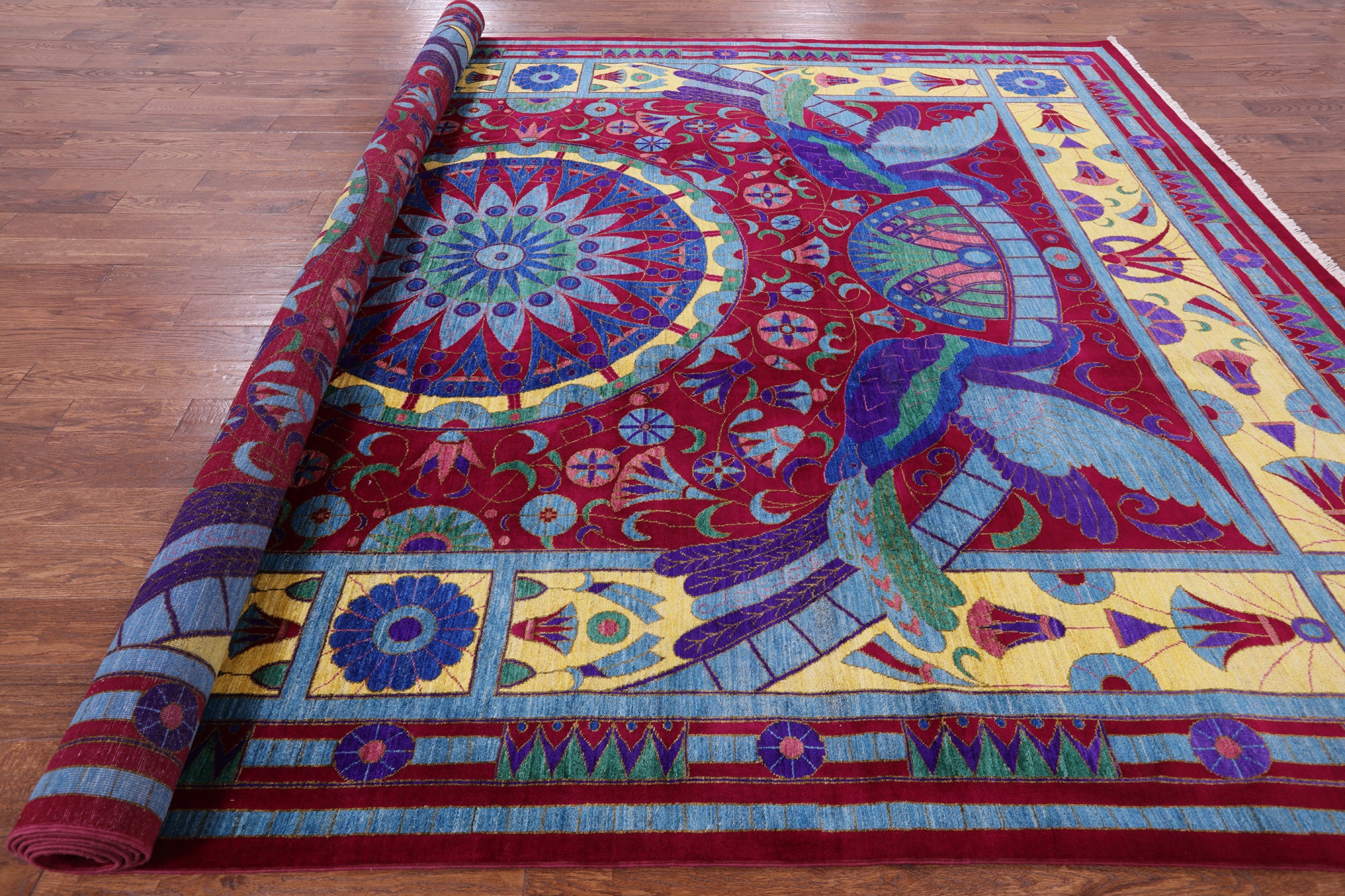 Red Peacock William Morris Hand Knotted Wool Rug - 10' 0" X 13' 9" - Golden Nile