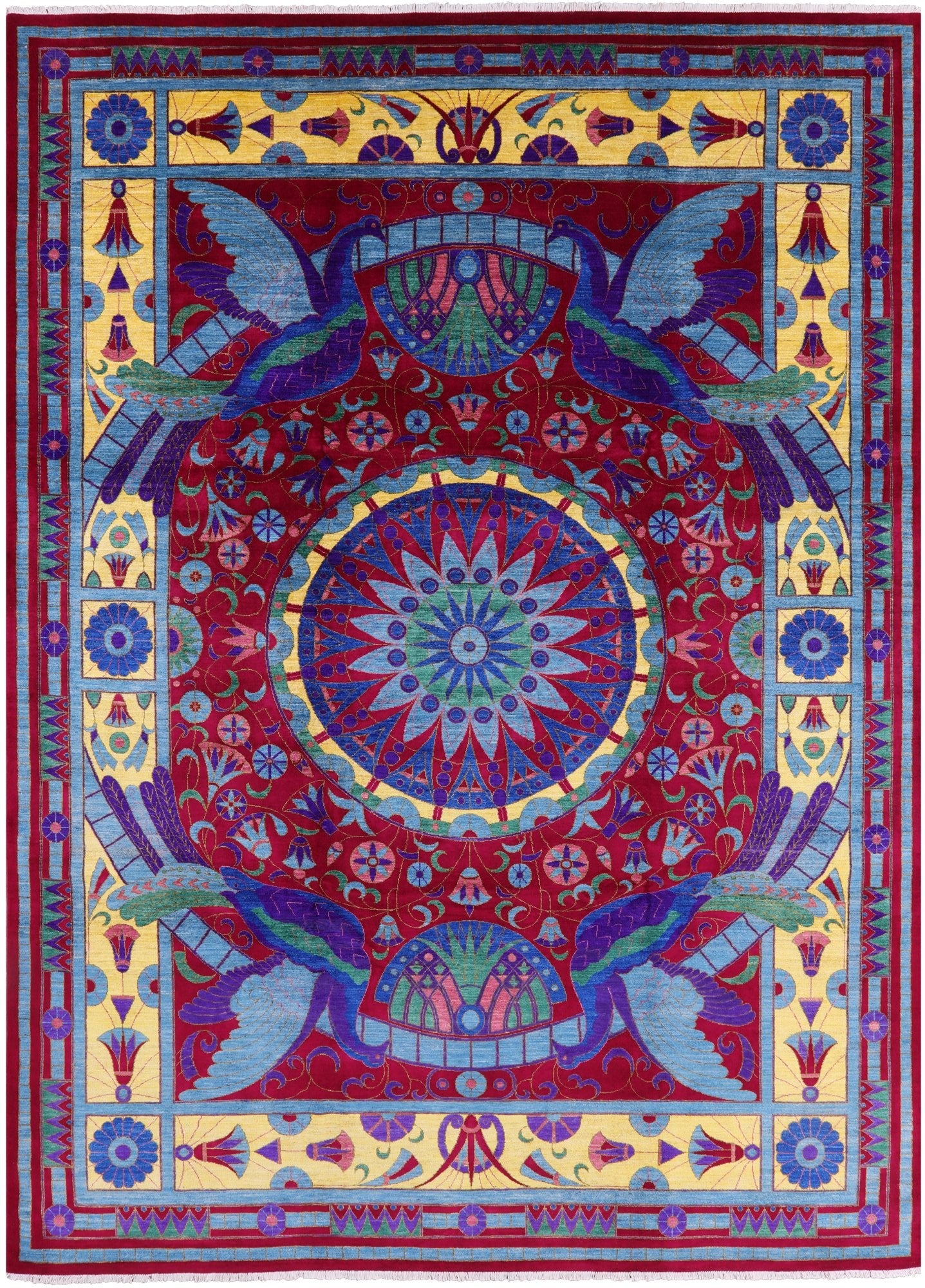 Red Peacock William Morris Hand Knotted Wool Rug - 10' 0" X 13' 9" - Golden Nile