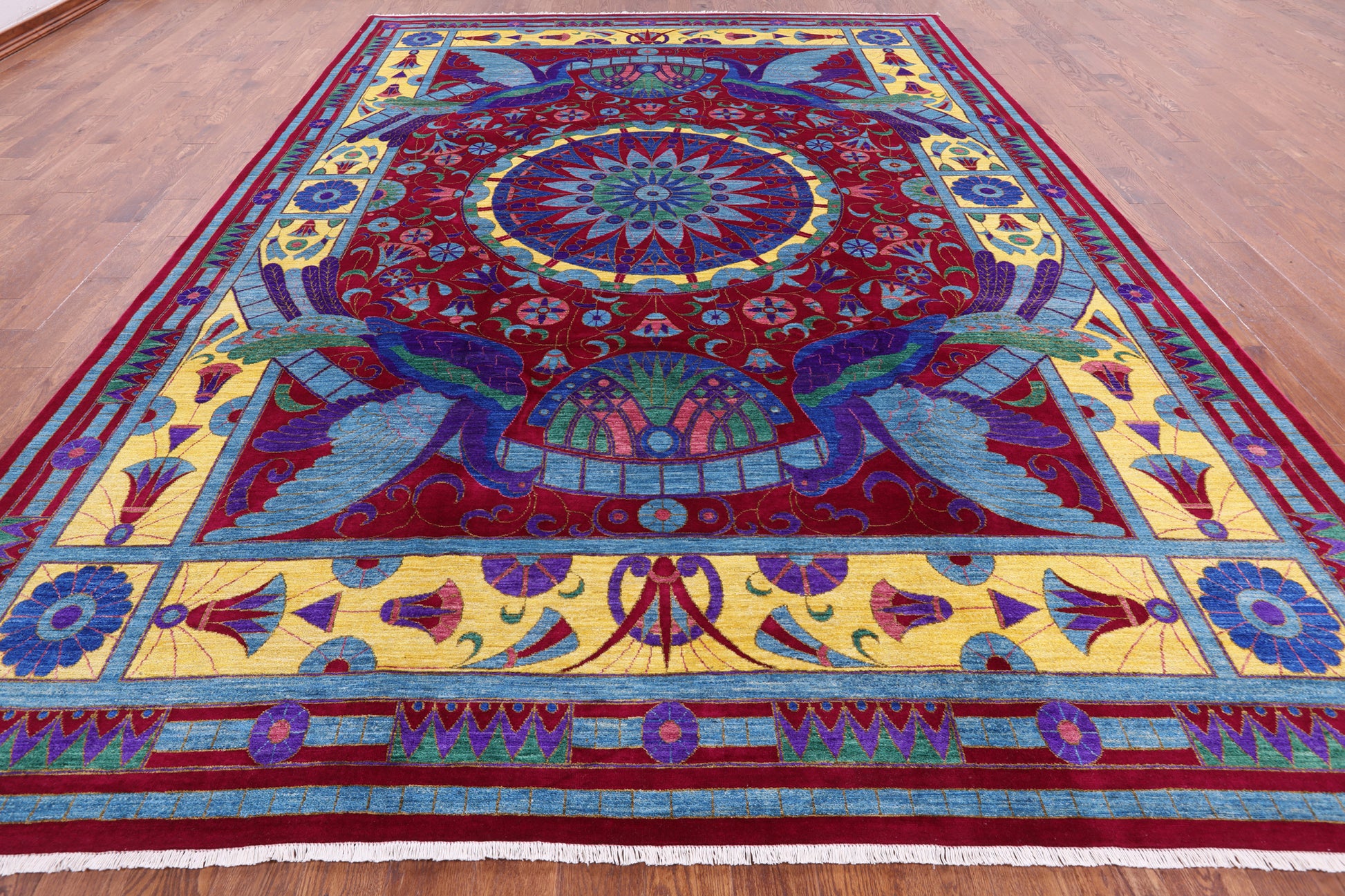 Red Peacock William Morris Hand Knotted Wool Rug - 10' 0" X 13' 9" - Golden Nile