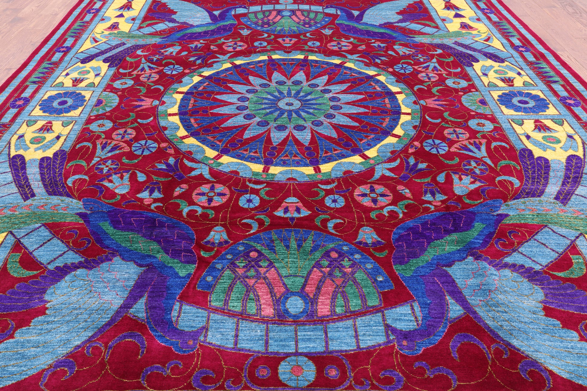 Red Peacock William Morris Hand Knotted Wool Rug - 10' 0" X 13' 9" - Golden Nile