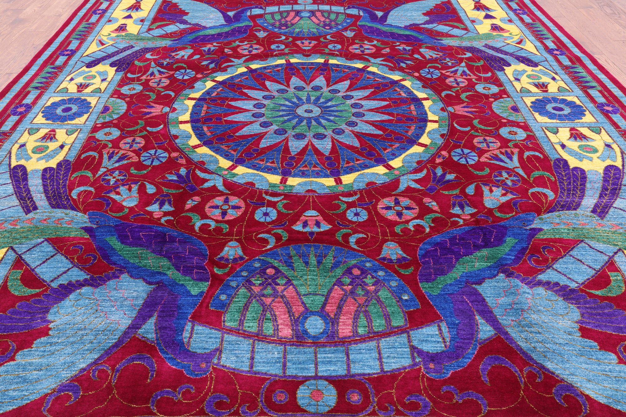 Red Peacock William Morris Hand Knotted Wool Rug - 10' 0" X 13' 9" - Golden Nile