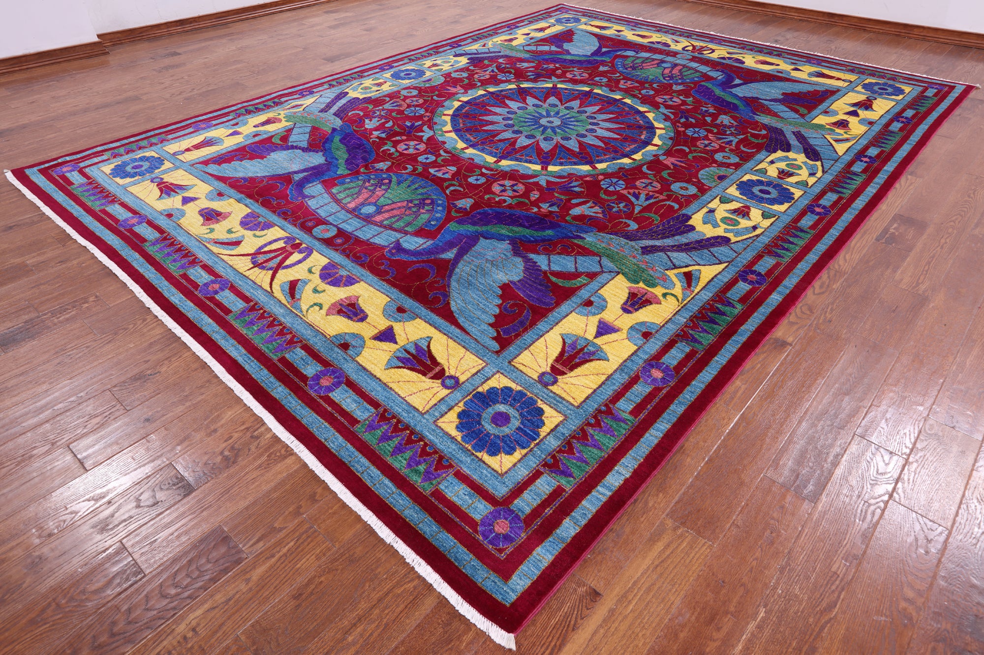 Red Peacock William Morris Hand Knotted Wool Rug - 10' 0" X 13' 9" - Golden Nile