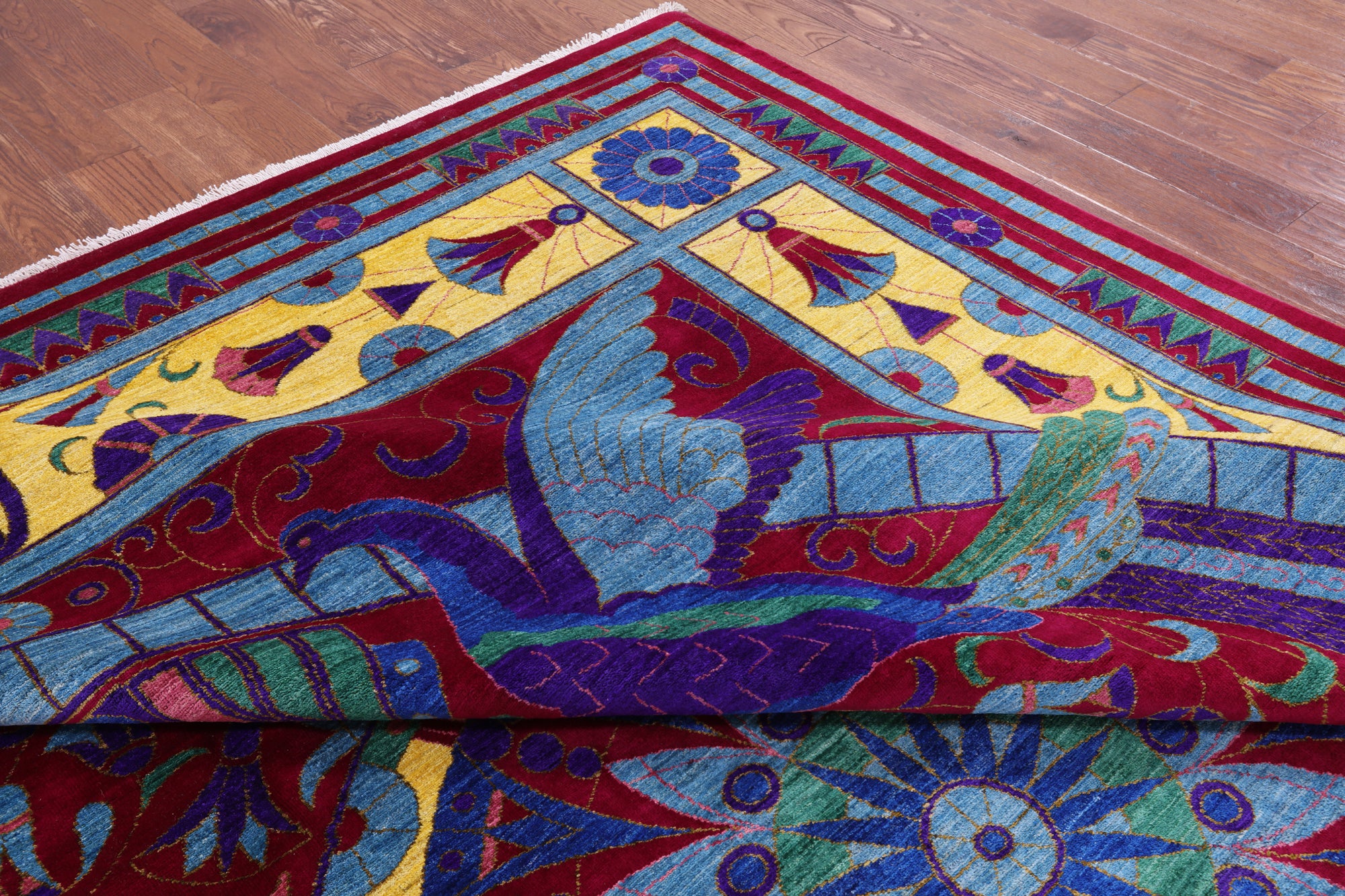 Red Peacock William Morris Hand Knotted Wool Rug - 10' 0" X 13' 9" - Golden Nile