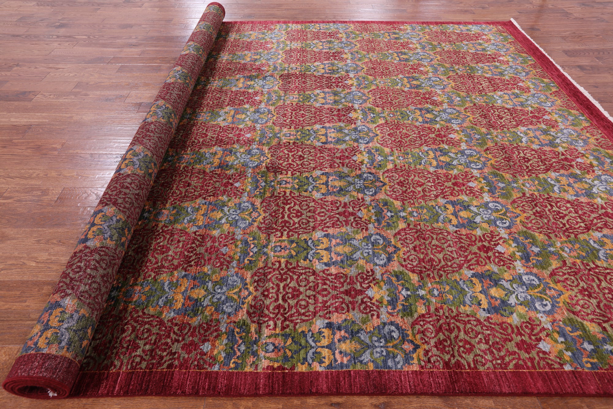 Red William Morris Handmade Wool Rug - 9' 11" X 14' 0" - Golden Nile