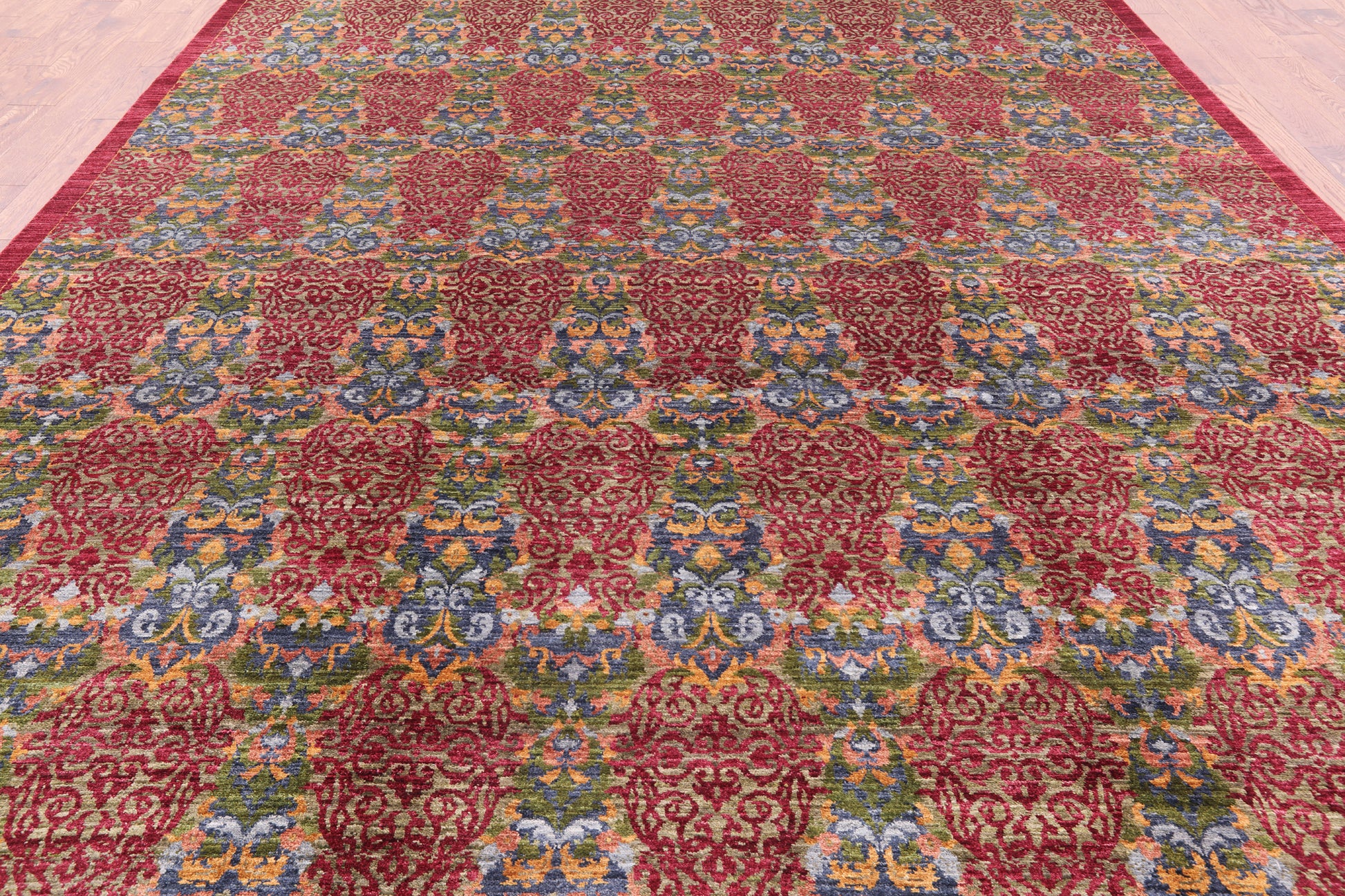 Red William Morris Handmade Wool Rug - 9' 11" X 14' 0" - Golden Nile