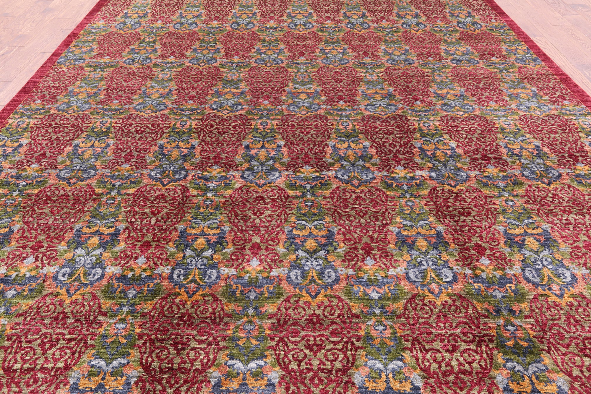 Red William Morris Handmade Wool Rug - 9' 11" X 14' 0" - Golden Nile