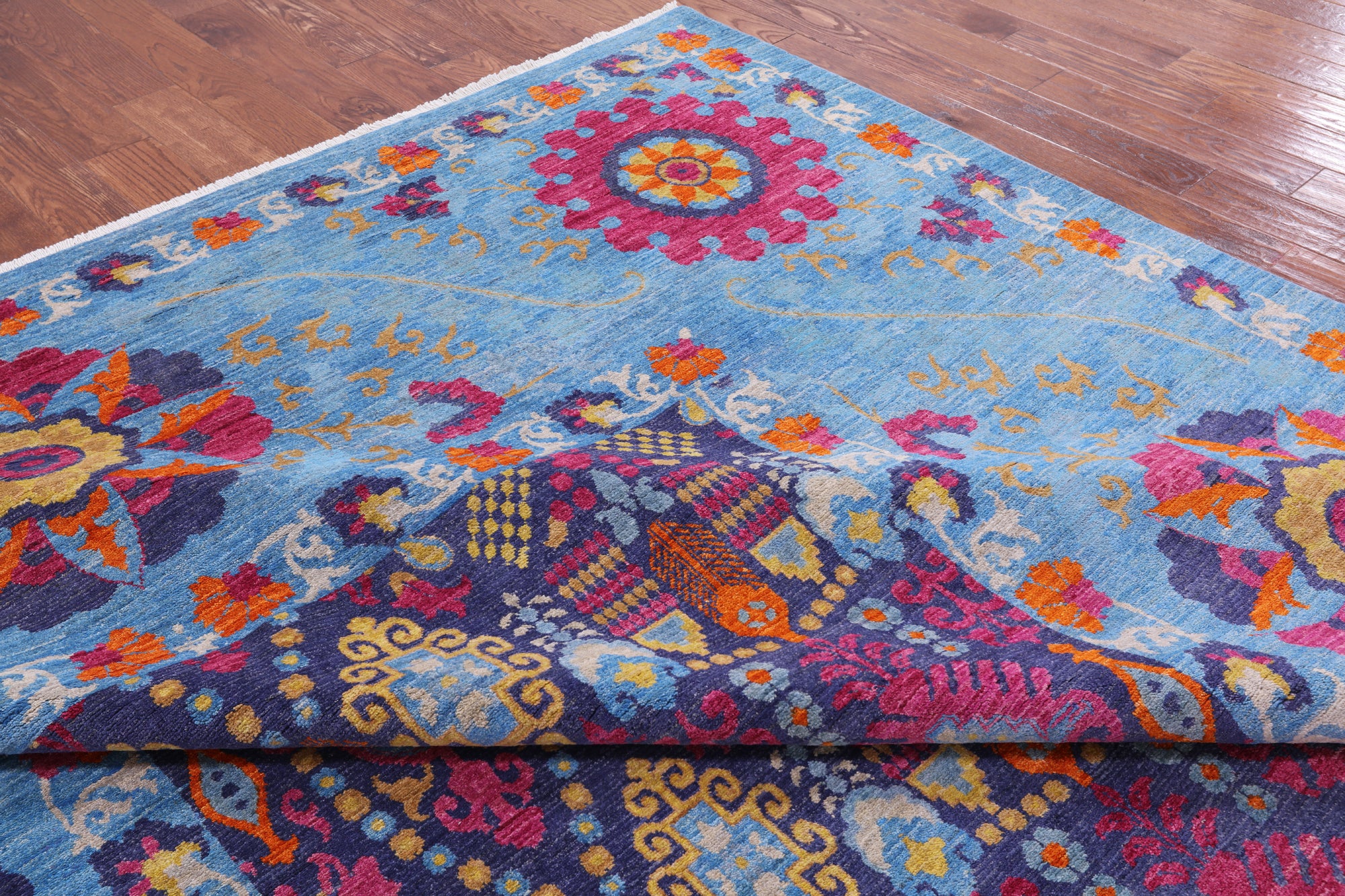 Blue William Morris Handmade Wool Rug - 10' 2" X 13' 4" - Golden Nile