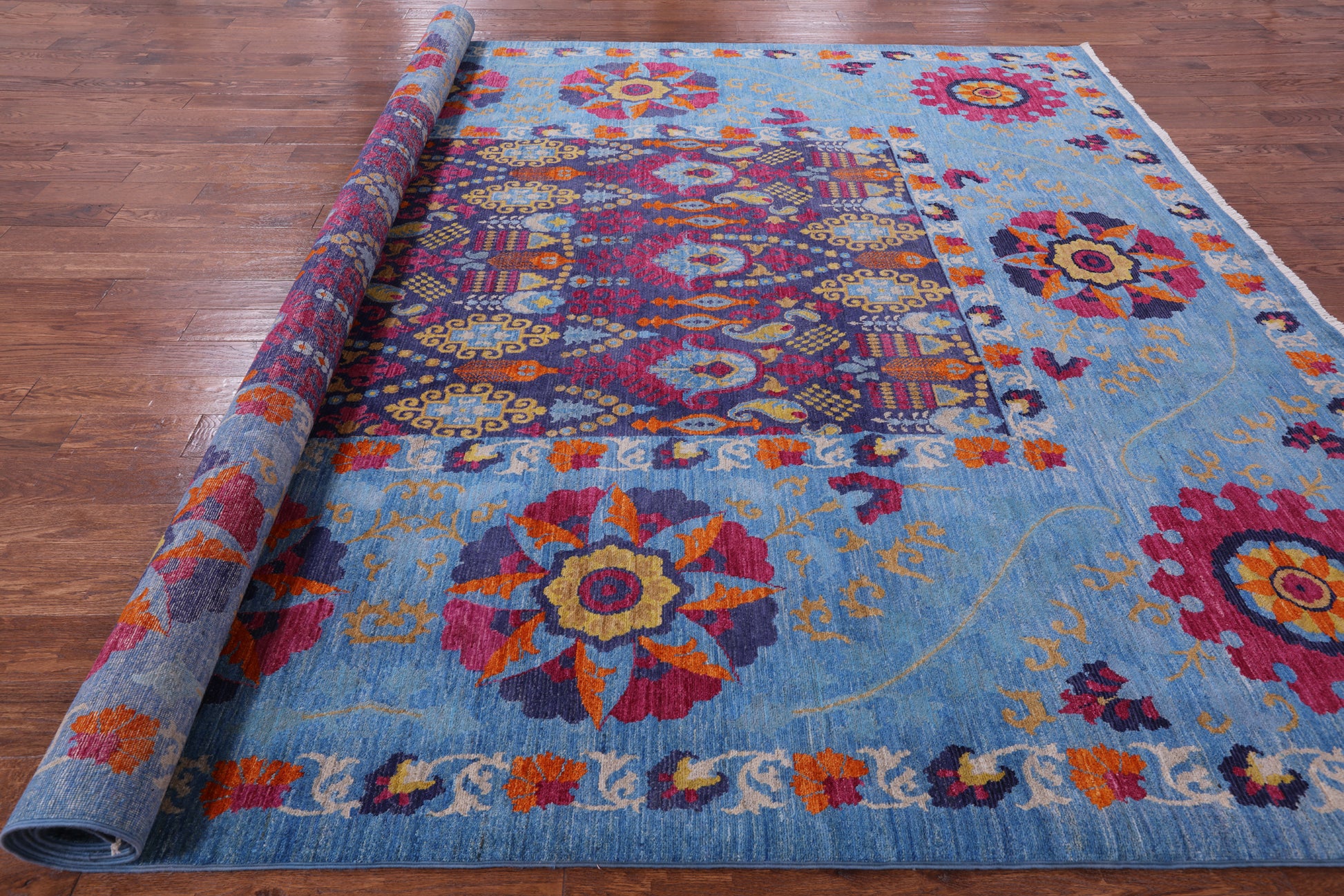 Blue William Morris Handmade Wool Rug - 10' 2" X 13' 4" - Golden Nile