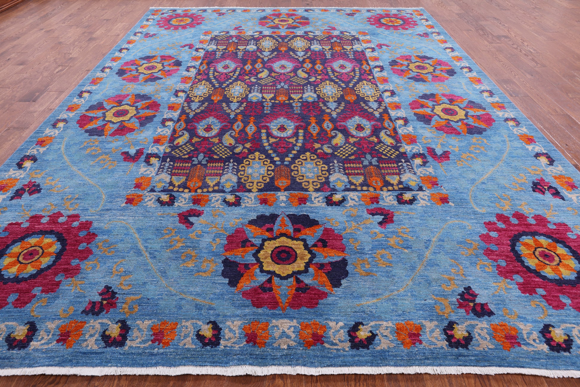 Blue William Morris Handmade Wool Rug - 10' 2" X 13' 4" - Golden Nile