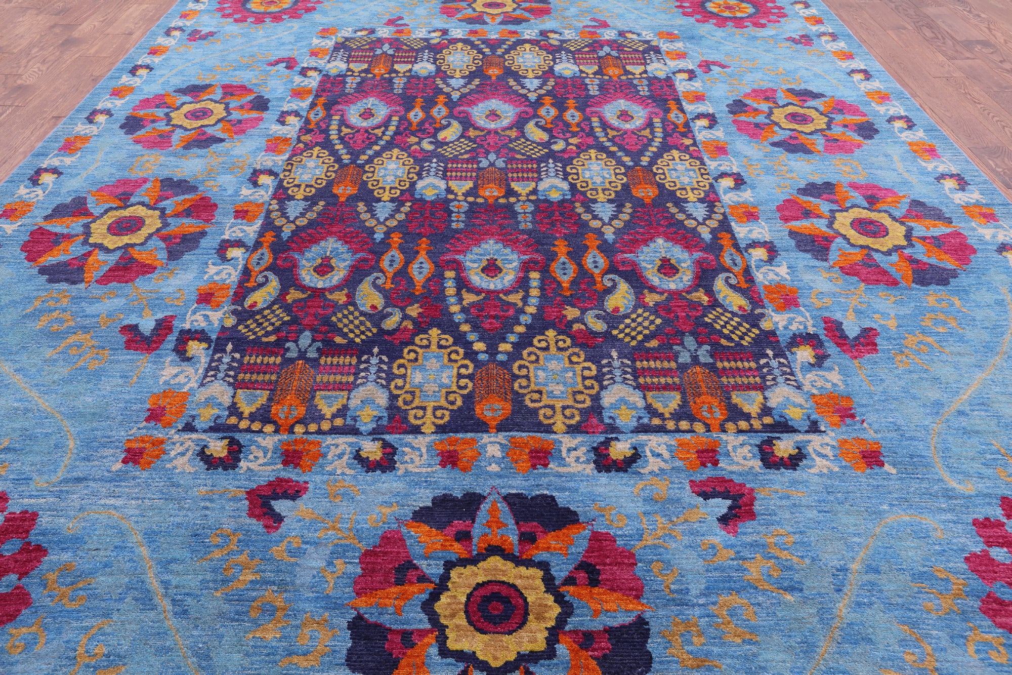 Blue William Morris Handmade Wool Rug - 10' 2" X 13' 4" - Golden Nile