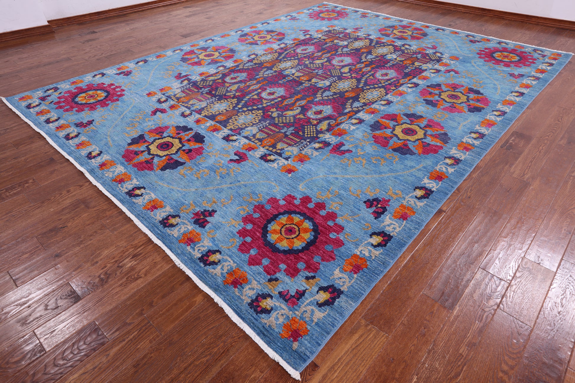 Blue William Morris Handmade Wool Rug - 10' 2" X 13' 4" - Golden Nile