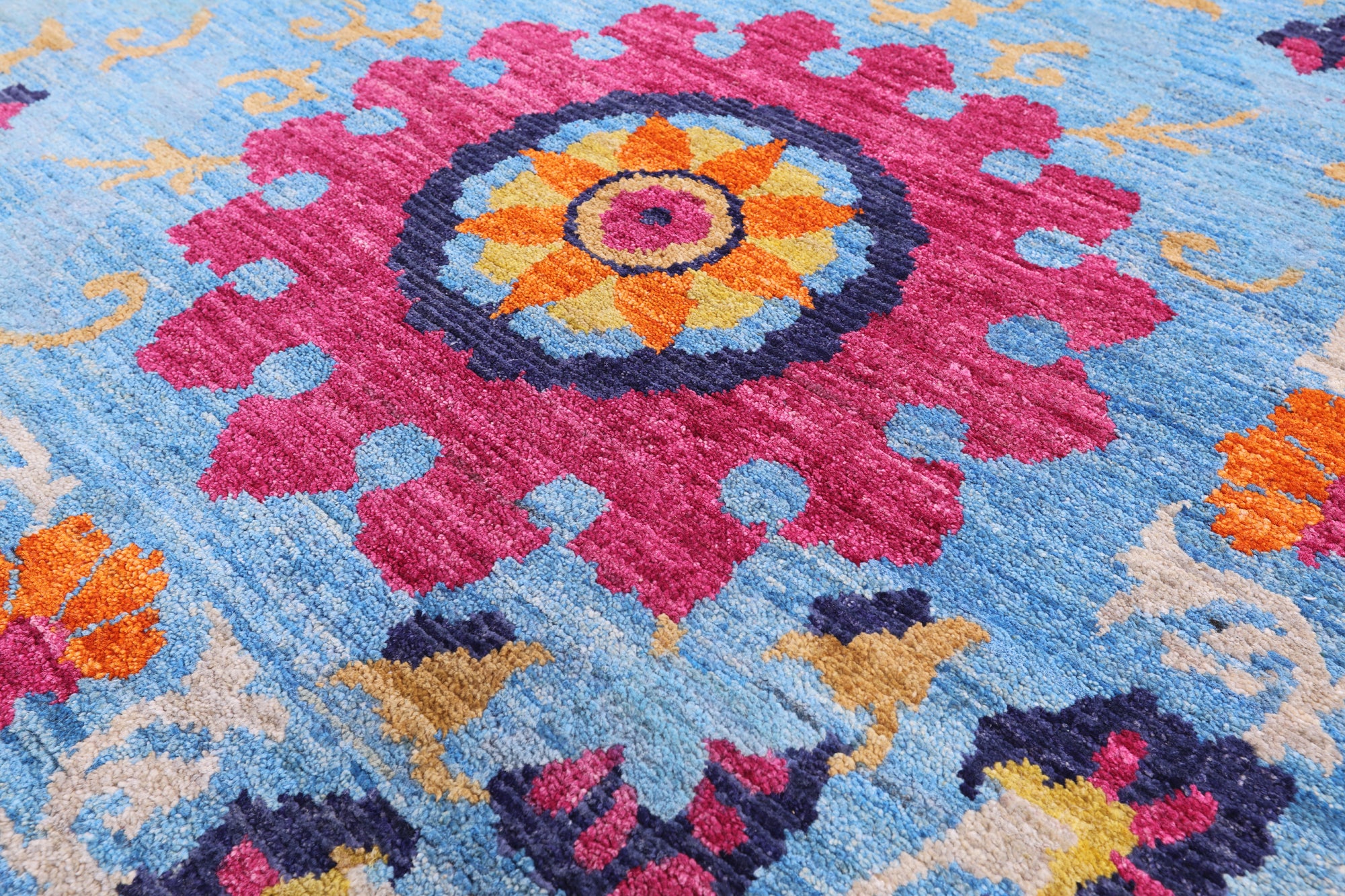 Blue William Morris Handmade Wool Rug - 10' 2" X 13' 4" - Golden Nile