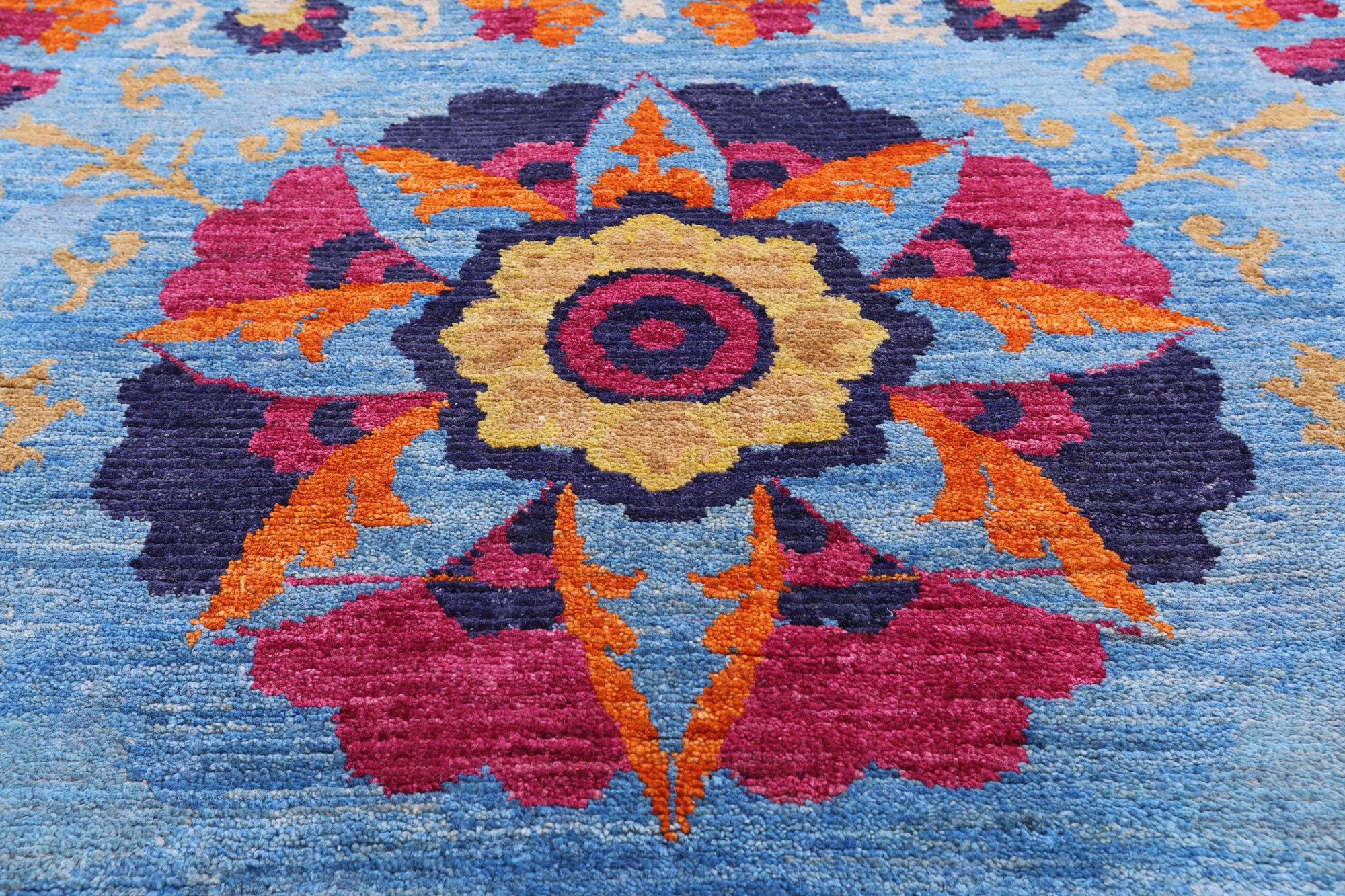 Blue William Morris Handmade Wool Rug - 10' 2" X 13' 4" - Golden Nile