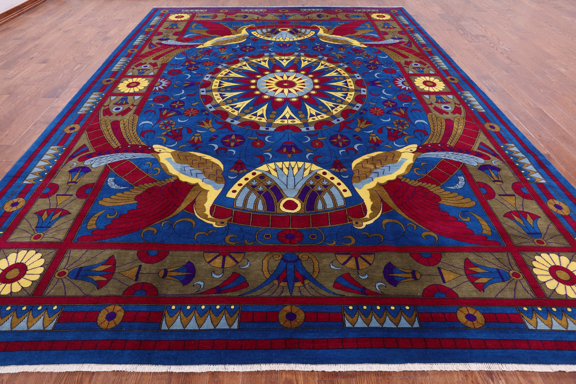 Blue Peacock William Morris Handmade Wool Rug - 10' 4" X 13' 11" - Golden Nile