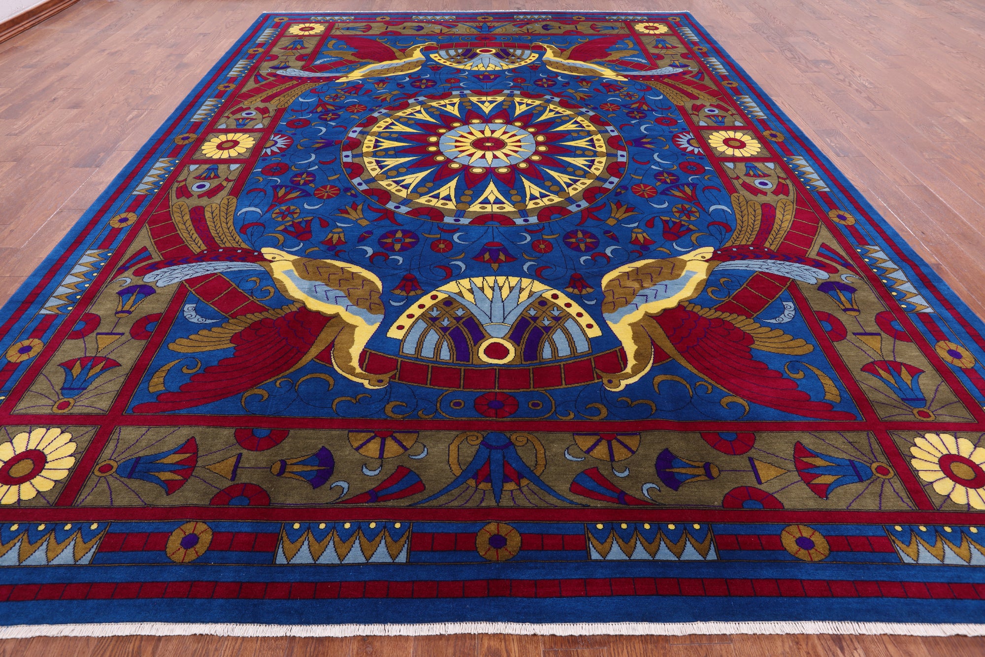 Blue Peacock William Morris Handmade Wool Rug - 10' 4" X 13' 11" - Golden Nile