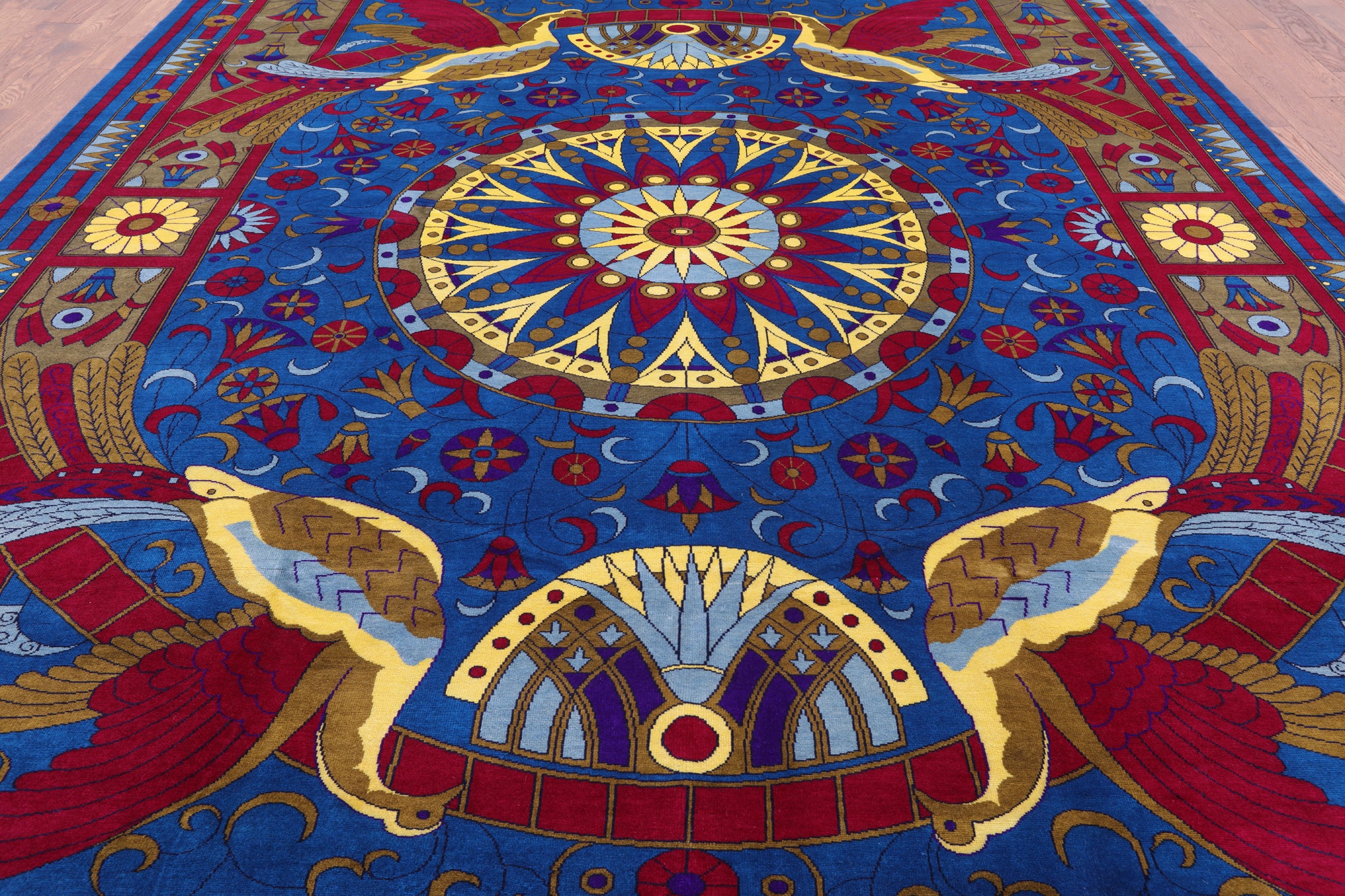 Blue Peacock William Morris Handmade Wool Rug - 10' 4" X 13' 11" - Golden Nile