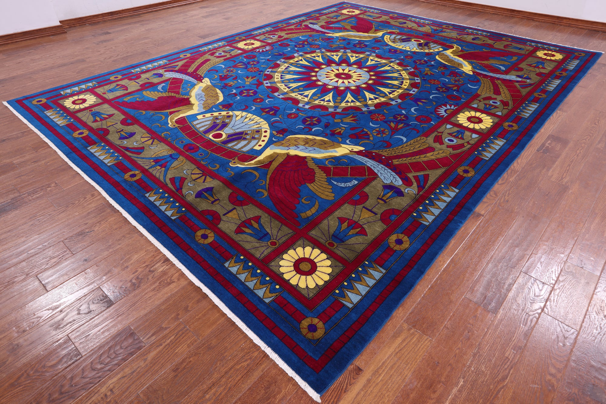 Blue Peacock William Morris Handmade Wool Rug - 10' 4" X 13' 11" - Golden Nile