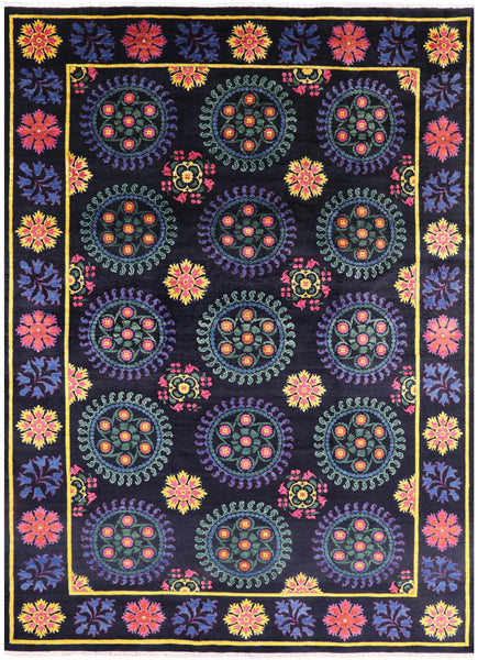 Black William Morris Handmade Wool Rug - 9' 11" X 13' 6" - Golden Nile