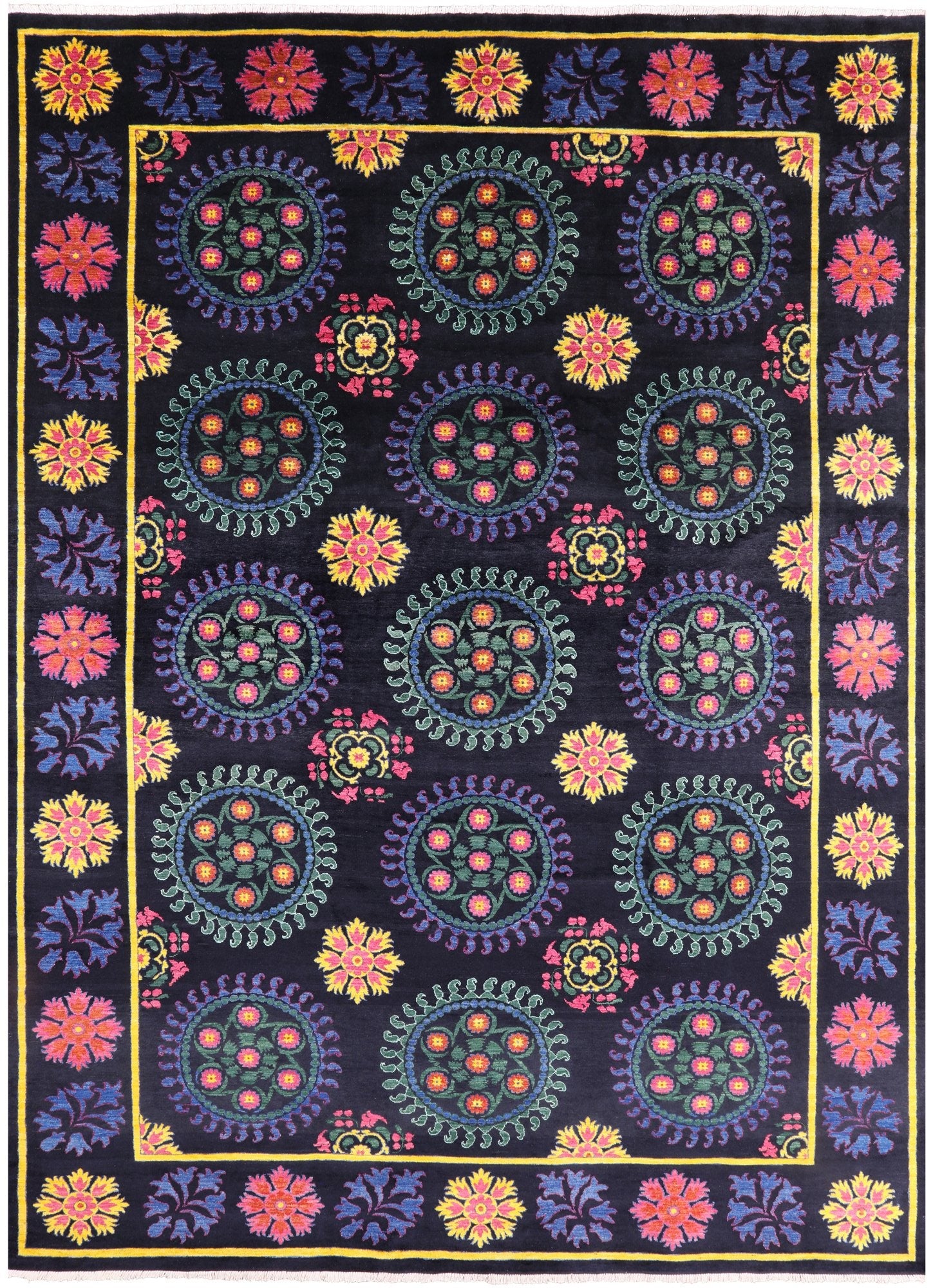 Black William Morris Handmade Wool Rug - 9' 11" X 13' 6" - Golden Nile