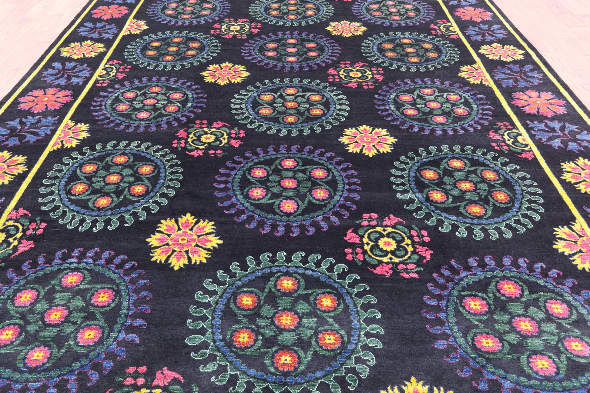 Black William Morris Handmade Wool Rug - 9' 11" X 13' 6" - Golden Nile