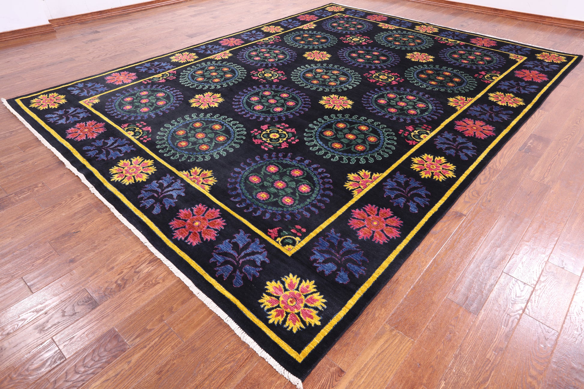 Black William Morris Handmade Wool Rug - 9' 11" X 13' 6" - Golden Nile