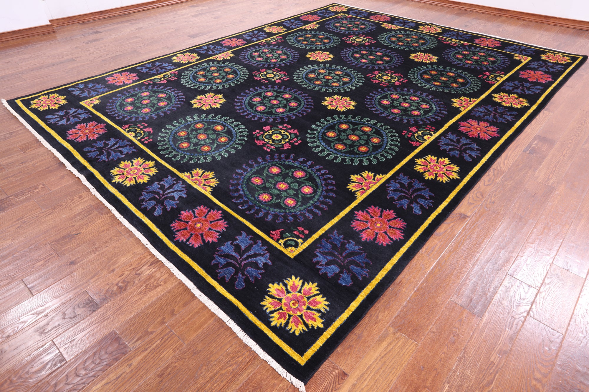 Black William Morris Handmade Wool Rug - 9' 11" X 13' 6" - Golden Nile