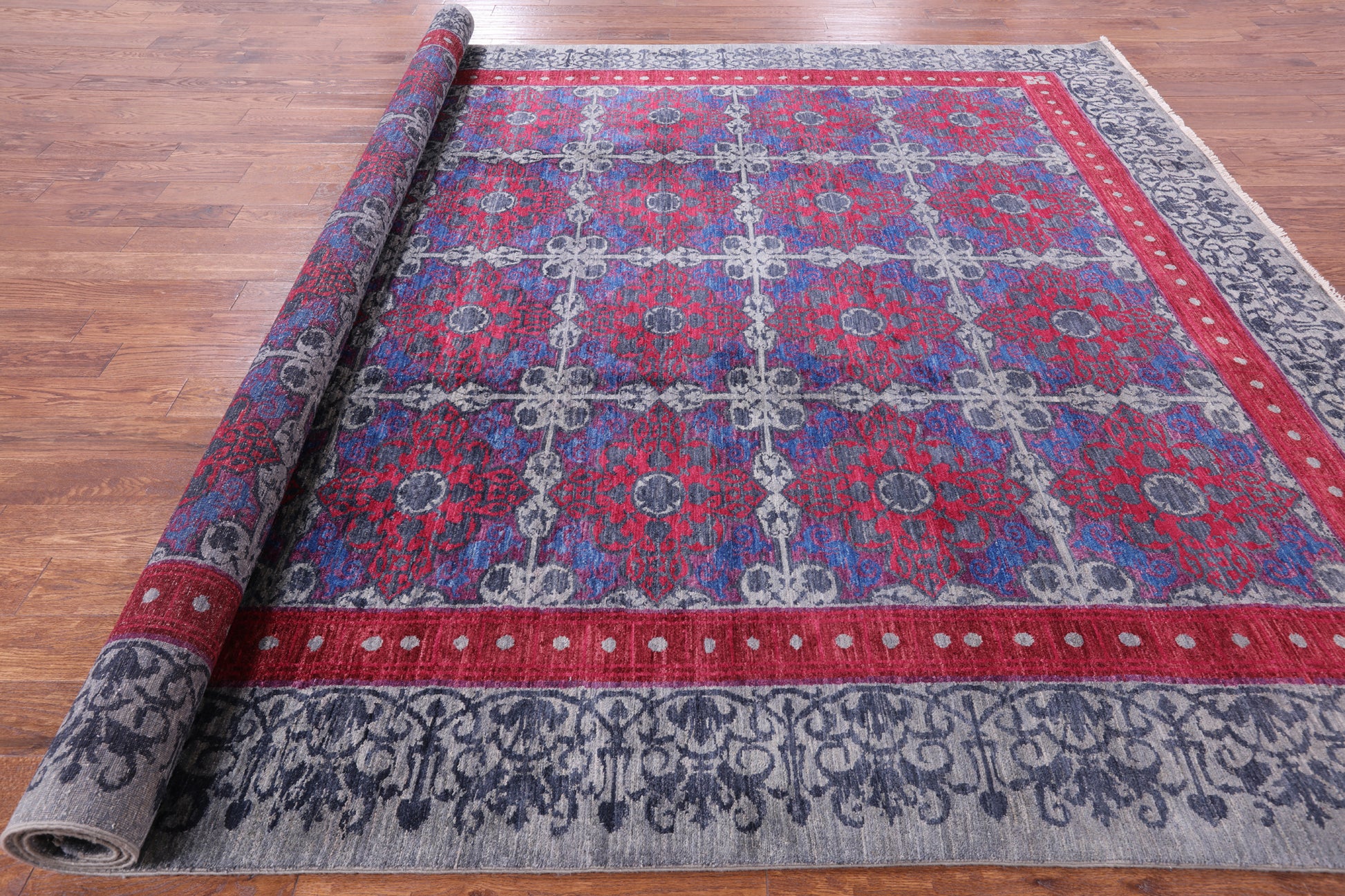 Grey William Morris Hand Knotted Wool Rug - 10' 0" X 11' 10" - Golden Nile