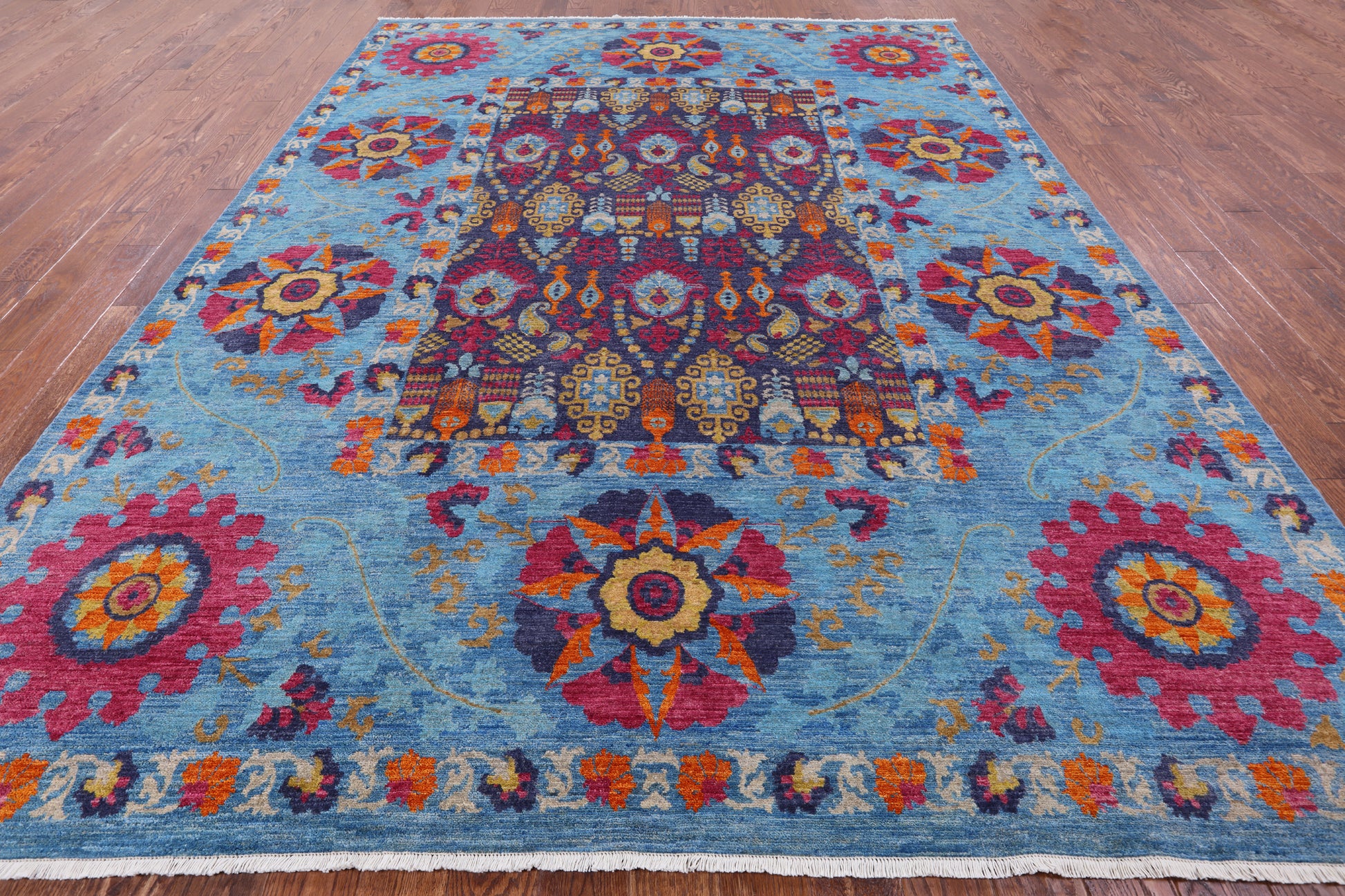 Blue William Morris Handmade Wool Rug - 8' 10" X 11' 7" - Golden Nile