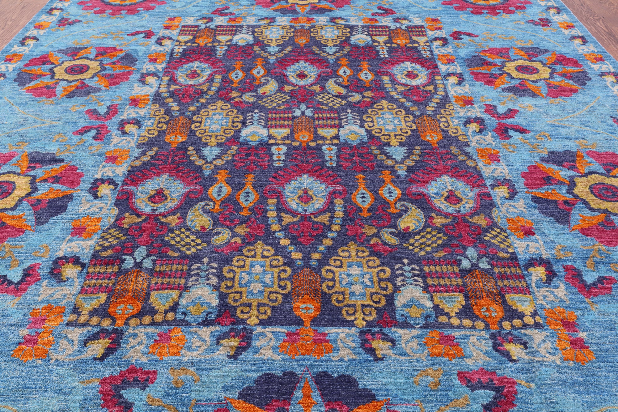 Blue William Morris Handmade Wool Rug - 8' 10" X 11' 7" - Golden Nile