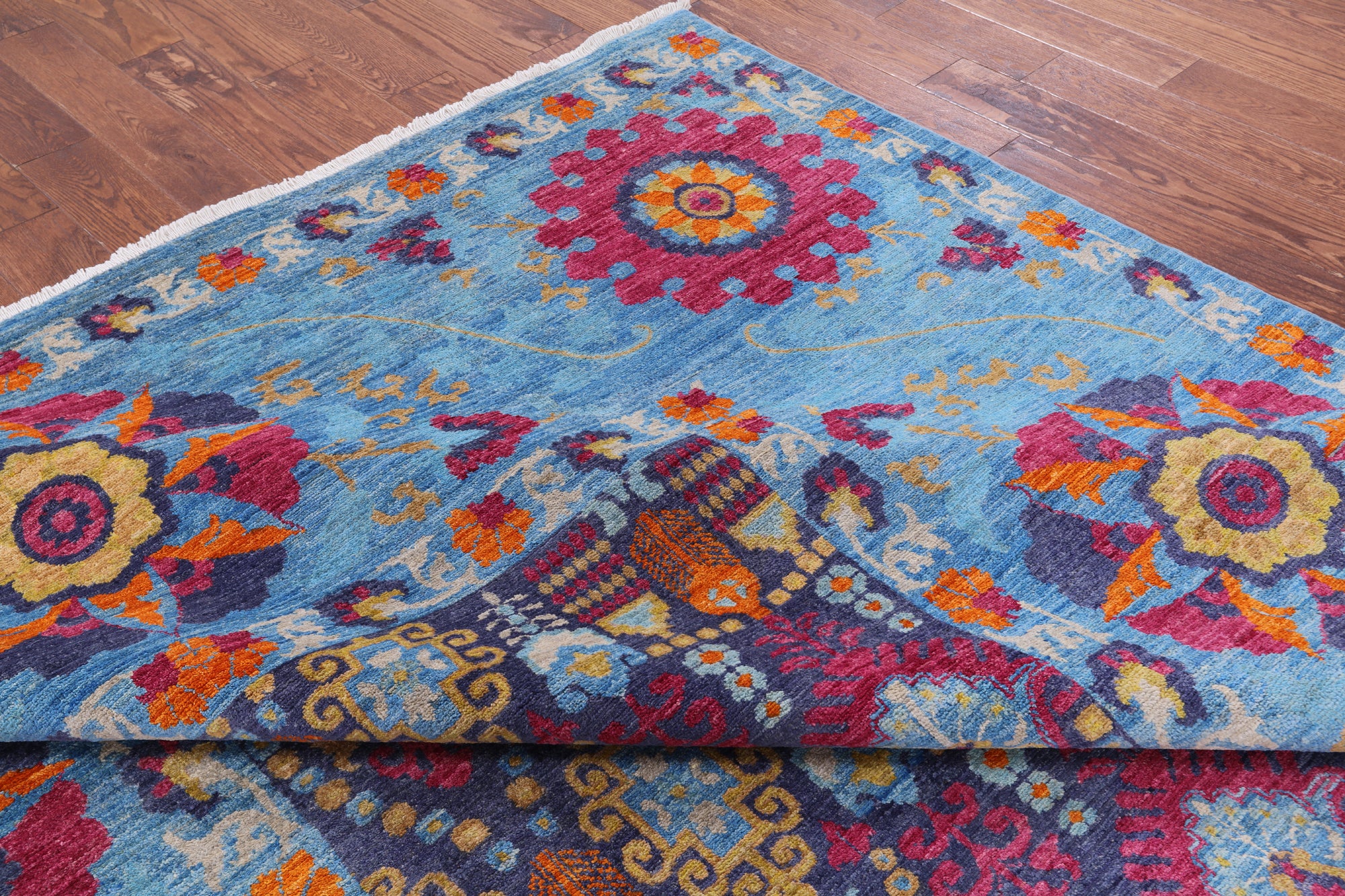 Blue William Morris Handmade Wool Rug - 8' 10" X 11' 7" - Golden Nile