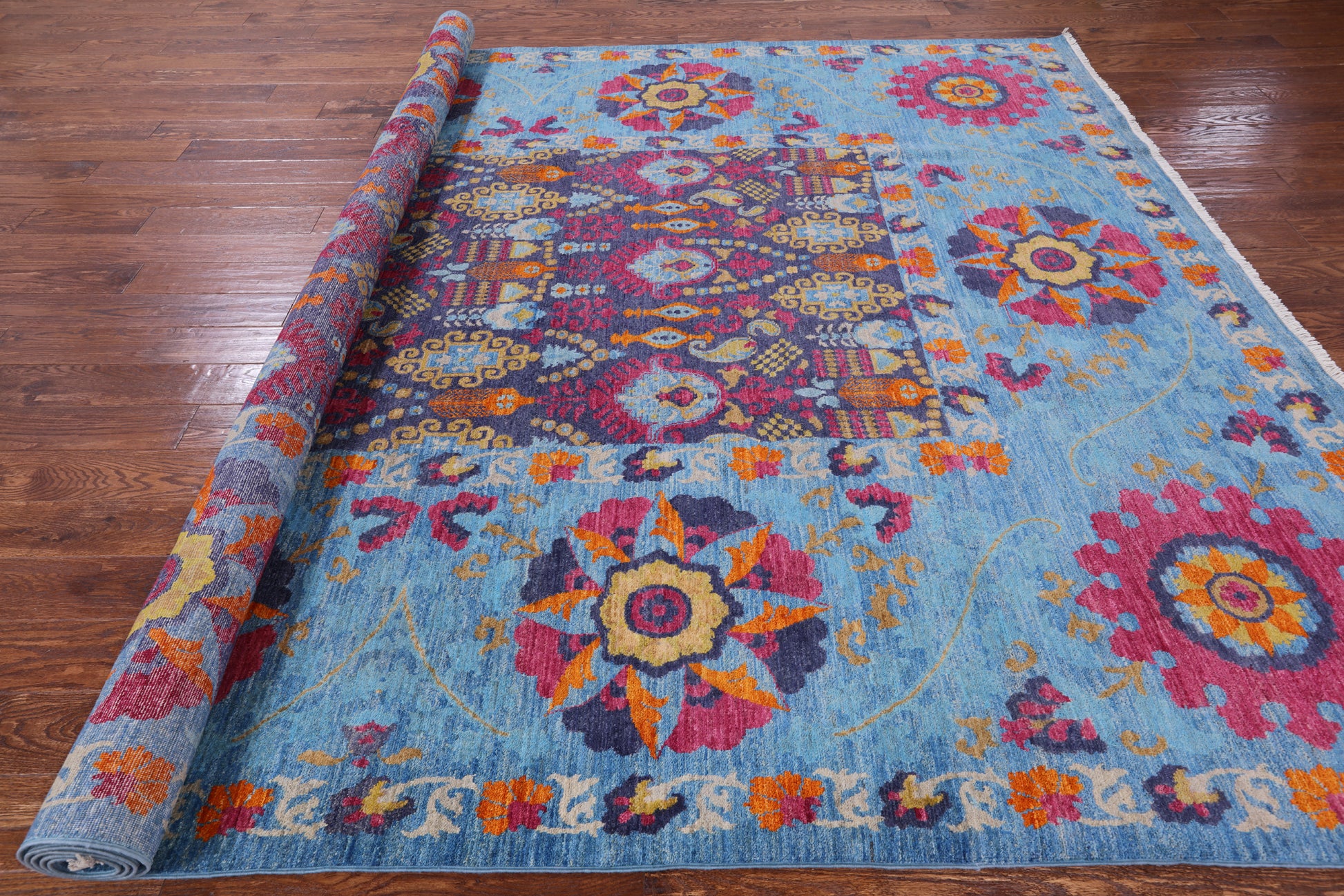 Blue William Morris Handmade Wool Rug - 8' 10" X 11' 7" - Golden Nile