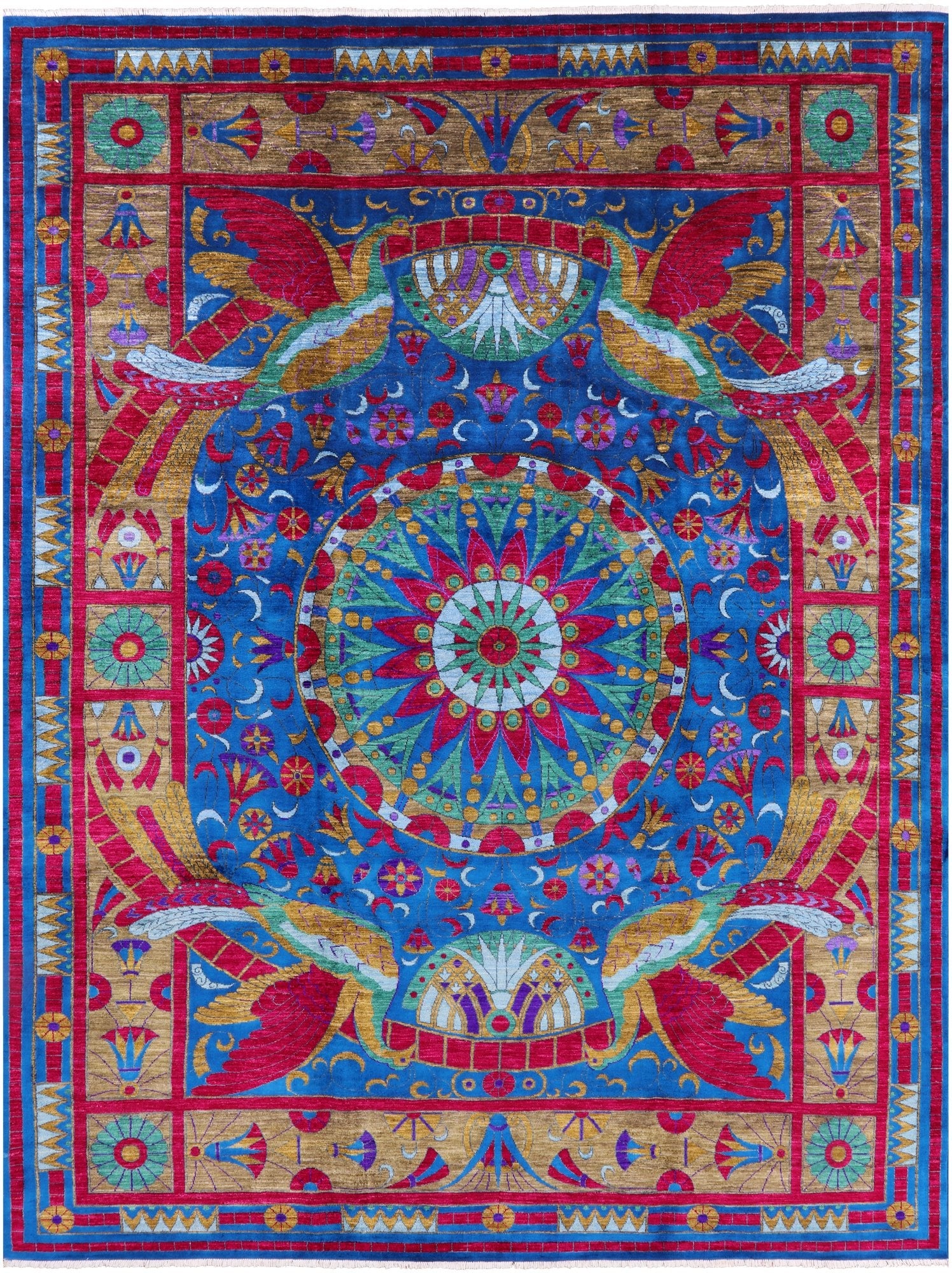 Blue Peacock William Morris Hand Knotted Wool Rug - 9' 2" X 12' 4" - Golden Nile