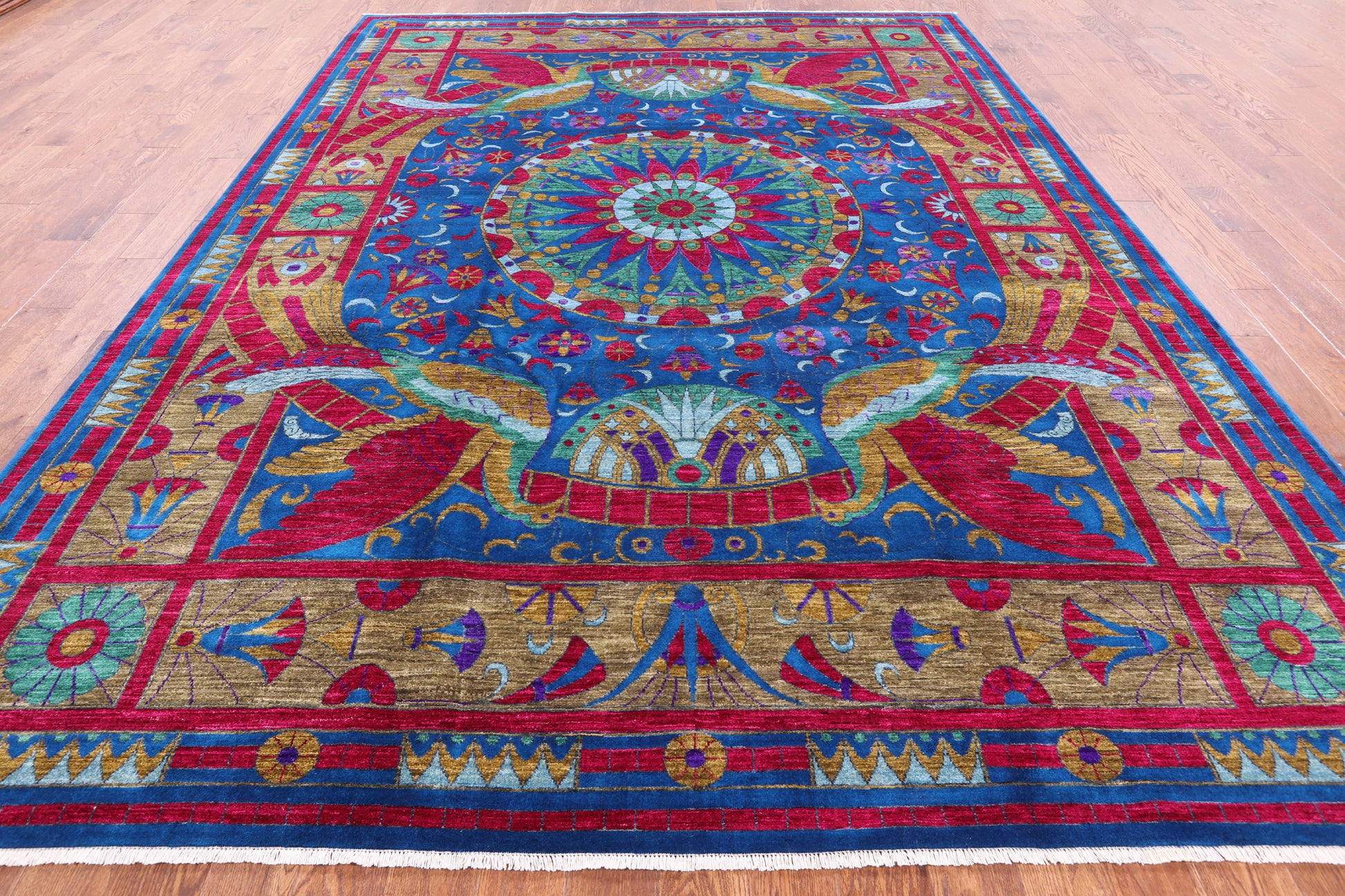 Blue Peacock William Morris Hand Knotted Wool Rug - 9' 2" X 12' 4" - Golden Nile