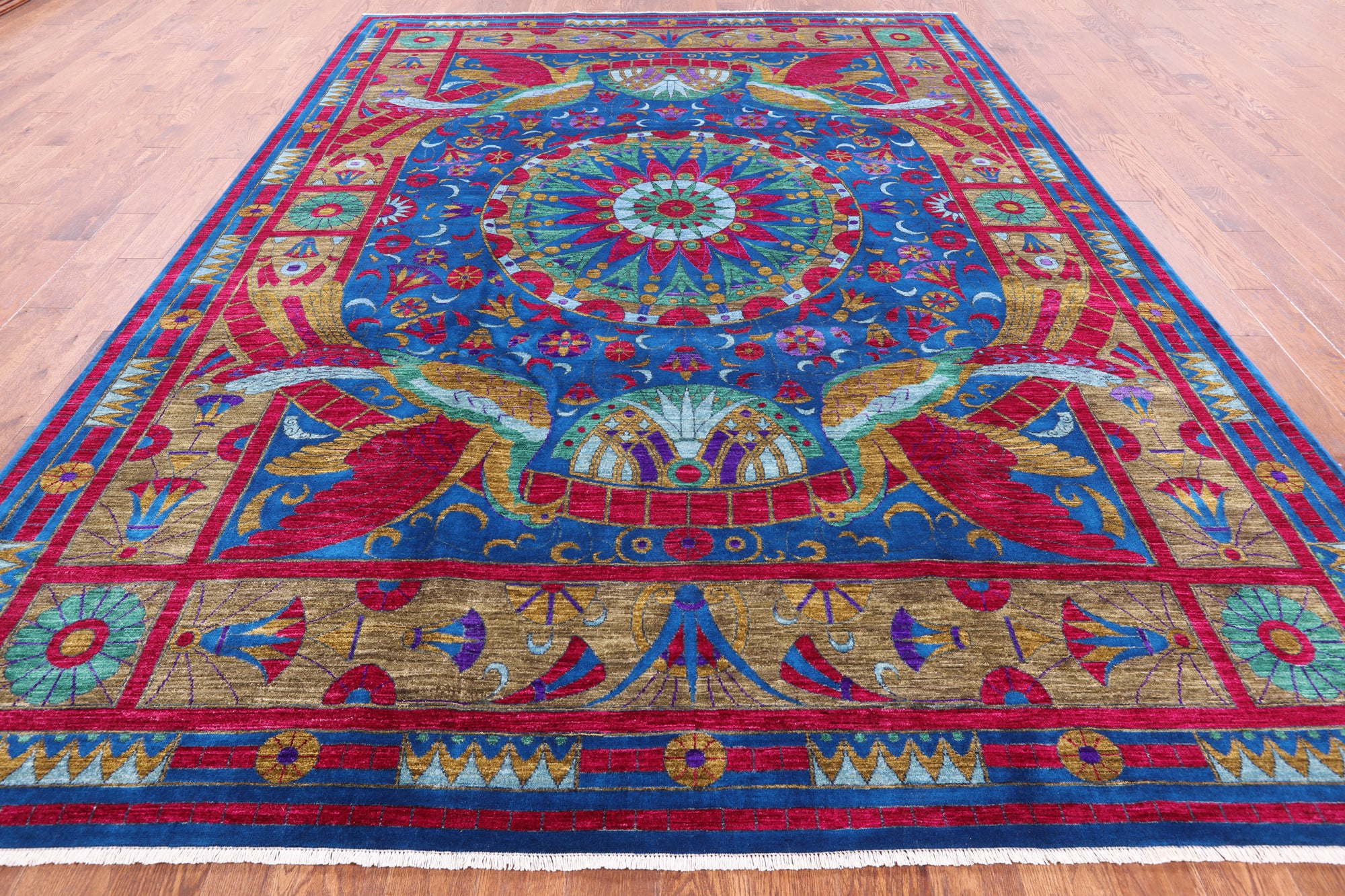 Blue Peacock William Morris Hand Knotted Wool Rug - 9' 2" X 12' 4" - Golden Nile