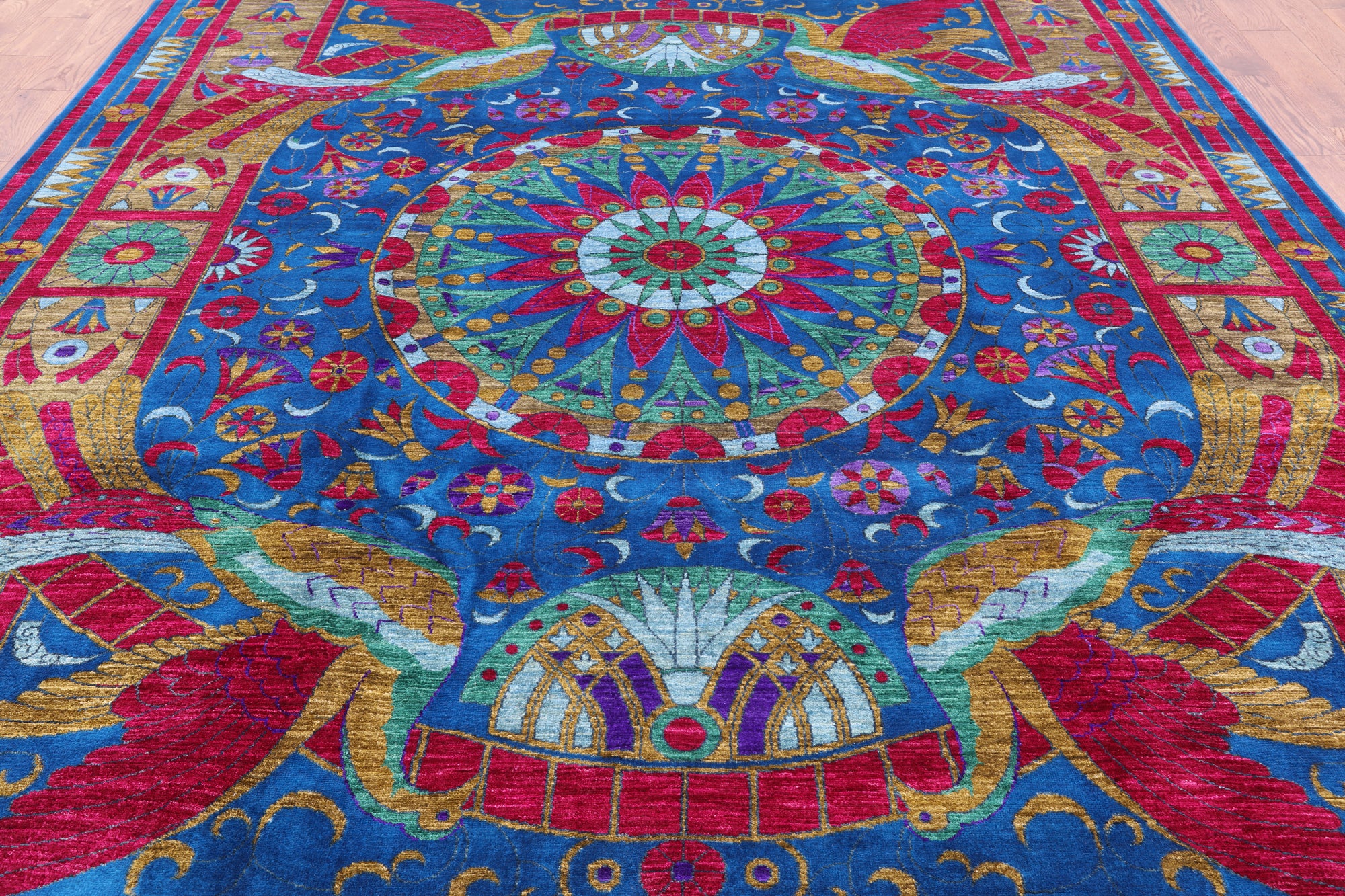 Blue Peacock William Morris Hand Knotted Wool Rug - 9' 2" X 12' 4" - Golden Nile