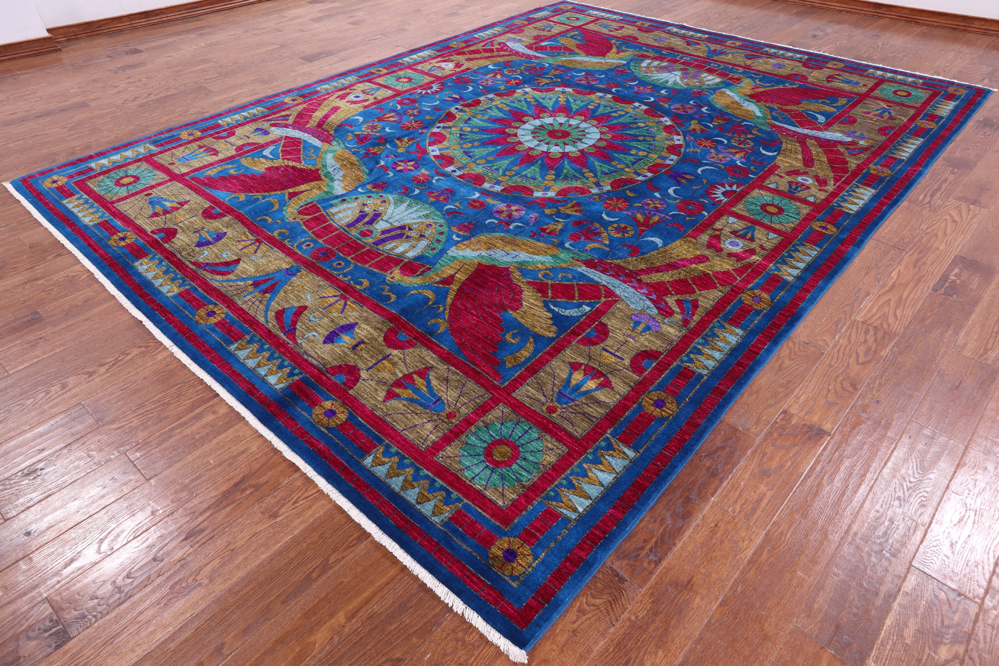 Blue Peacock William Morris Hand Knotted Wool Rug - 9' 2" X 12' 4" - Golden Nile
