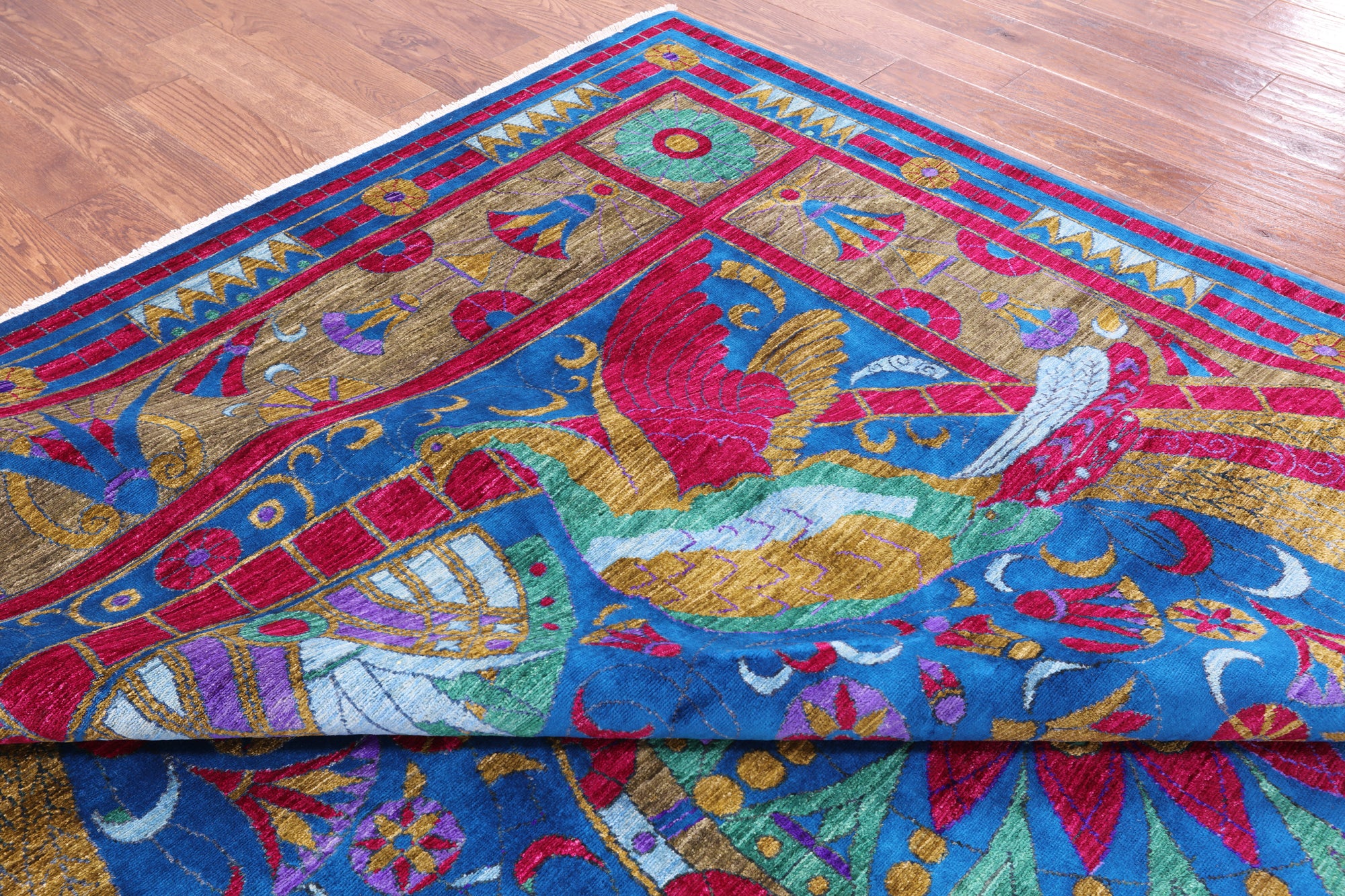 Blue Peacock William Morris Hand Knotted Wool Rug - 9' 2" X 12' 4" - Golden Nile