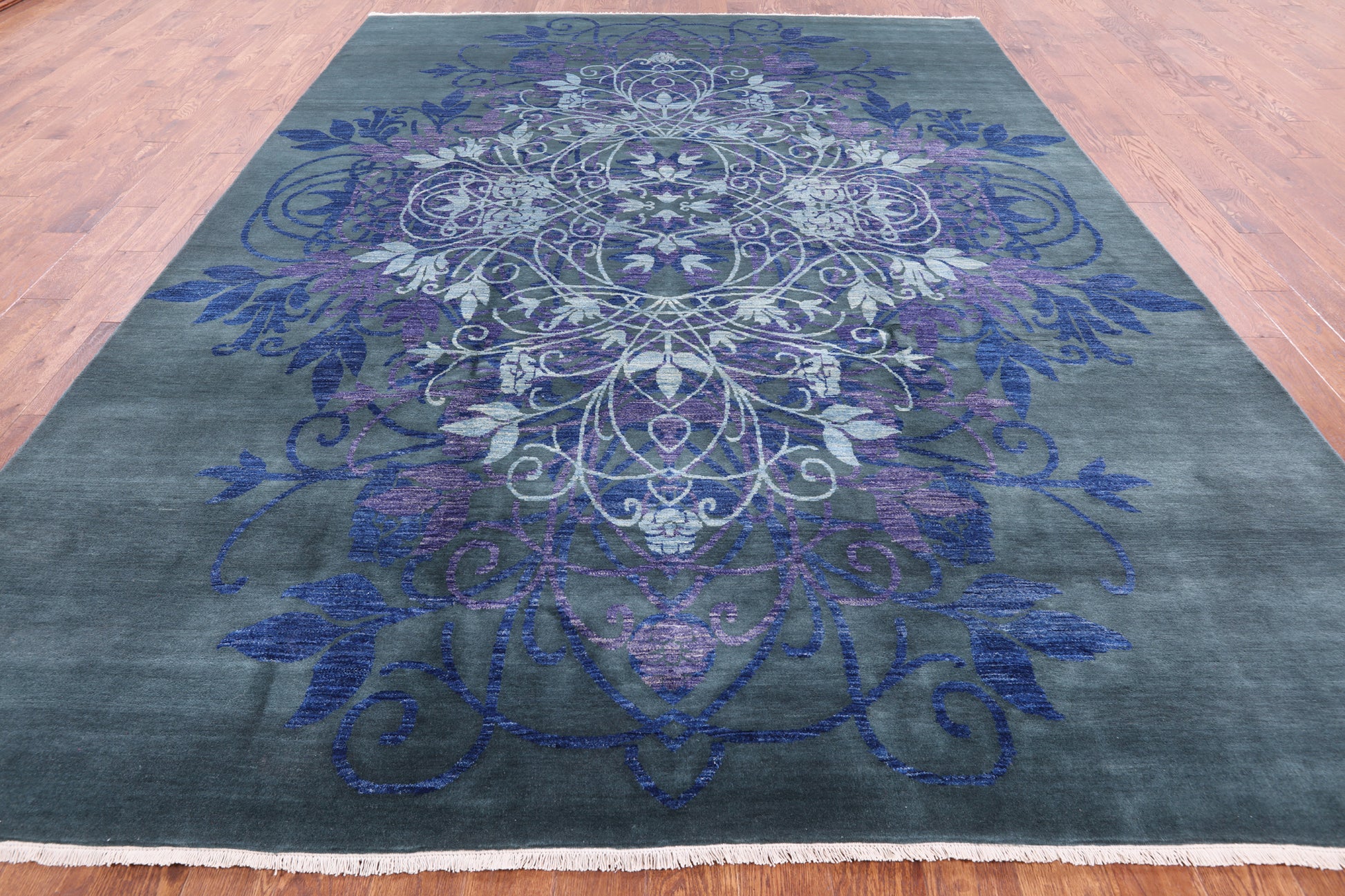 Green William Morris Handmade Wool Rug - 9' 1" X 12' 3" - Golden Nile