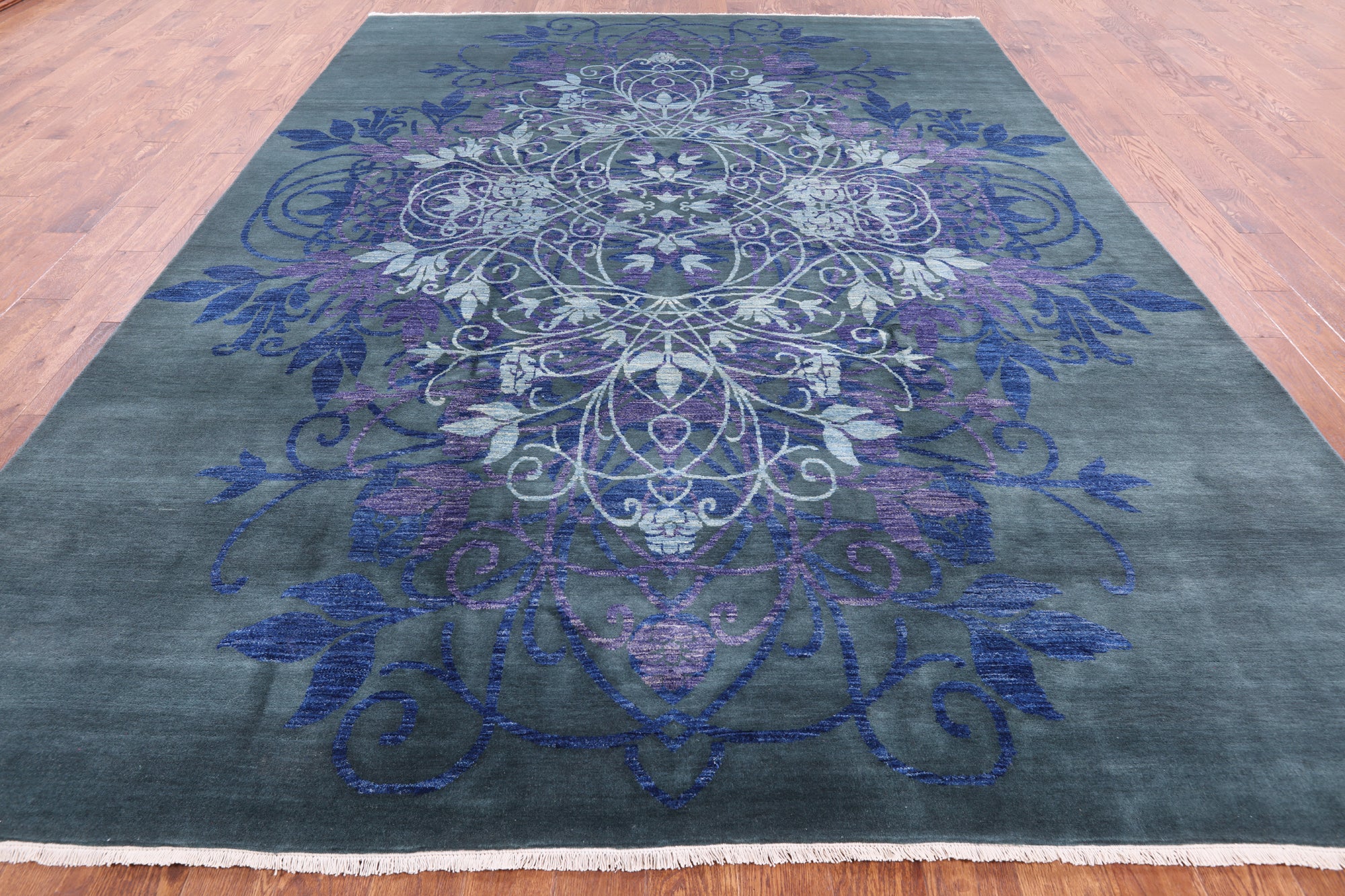 Green William Morris Handmade Wool Rug - 9' 1" X 12' 3" - Golden Nile