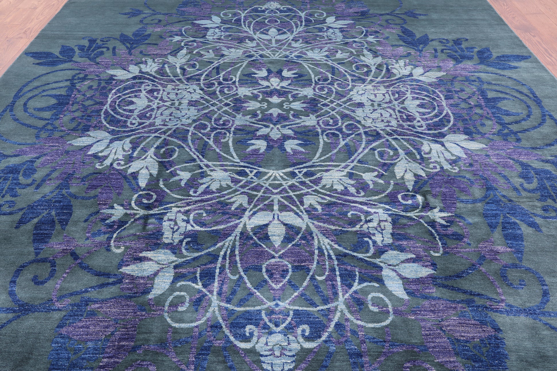 Green William Morris Handmade Wool Rug - 9' 1" X 12' 3" - Golden Nile