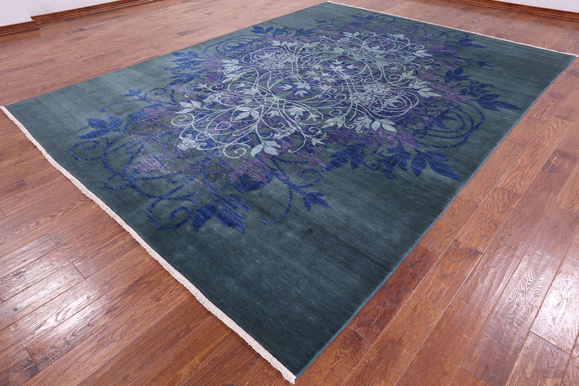 Green William Morris Handmade Wool Rug - 9' 1" X 12' 3" - Golden Nile