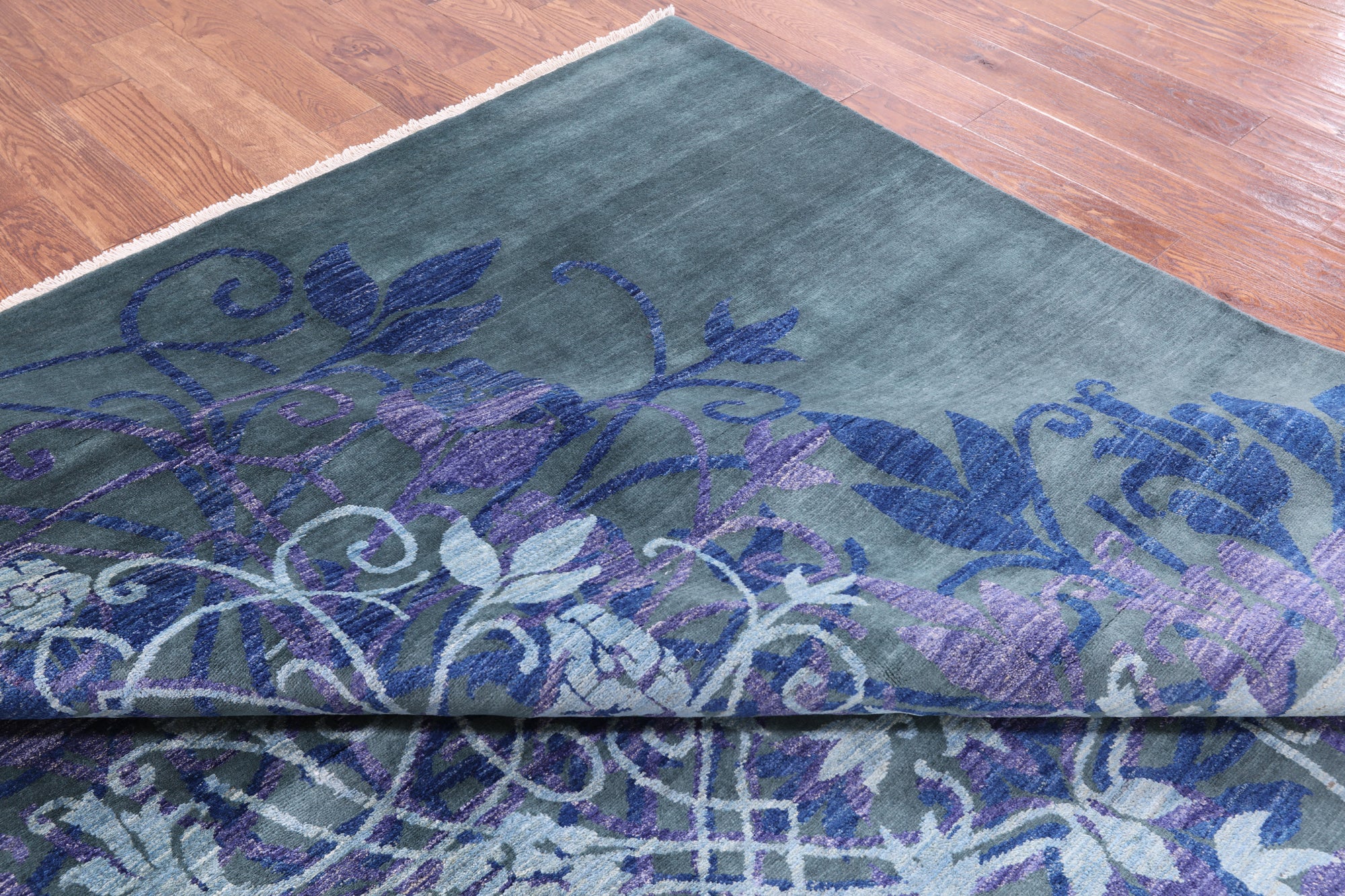 Green William Morris Handmade Wool Rug - 9' 1" X 12' 3" - Golden Nile
