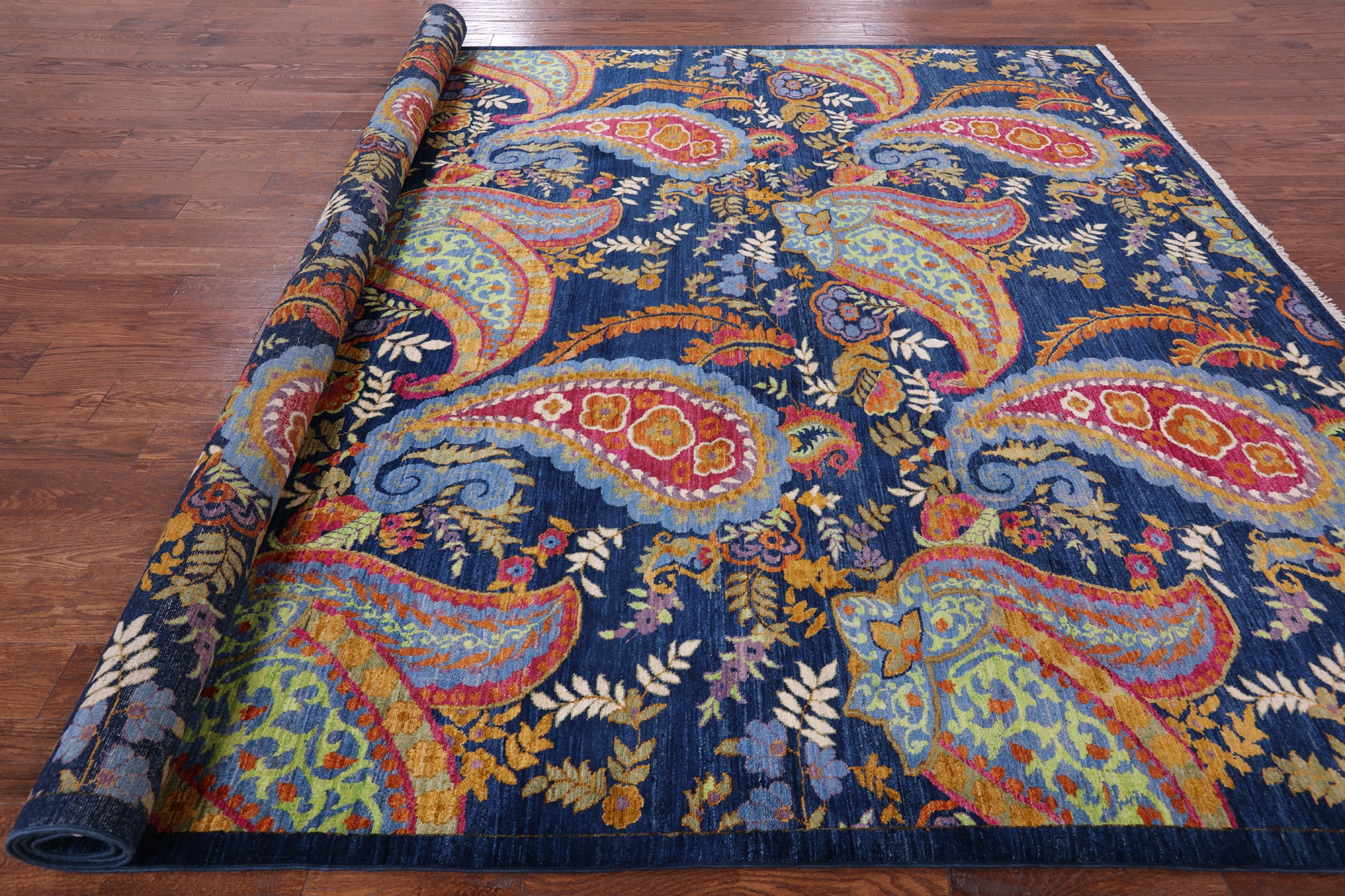 Blue William Morris Hand Knotted Wool Rug - 9' 1" X 11' 7" - Golden Nile