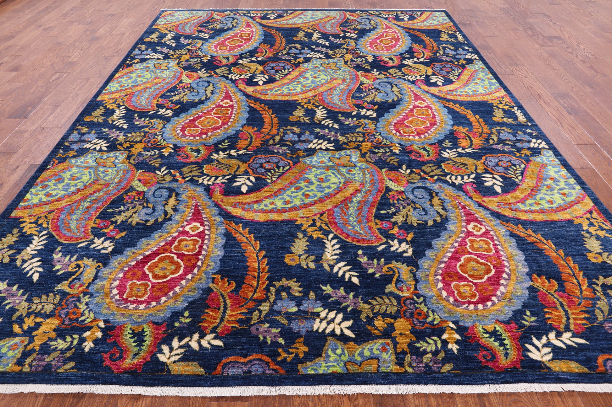 Blue William Morris Hand Knotted Wool Rug - 9' 1" X 11' 7" - Golden Nile