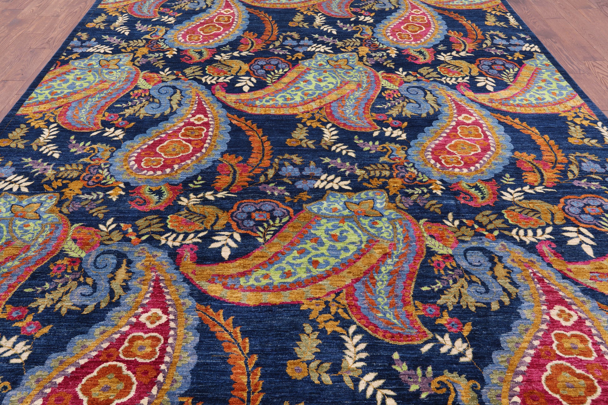 Blue William Morris Hand Knotted Wool Rug - 9' 1" X 11' 7" - Golden Nile