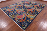 Blue William Morris Hand Knotted Wool Rug - 9' 1" X 11' 7" - Golden Nile