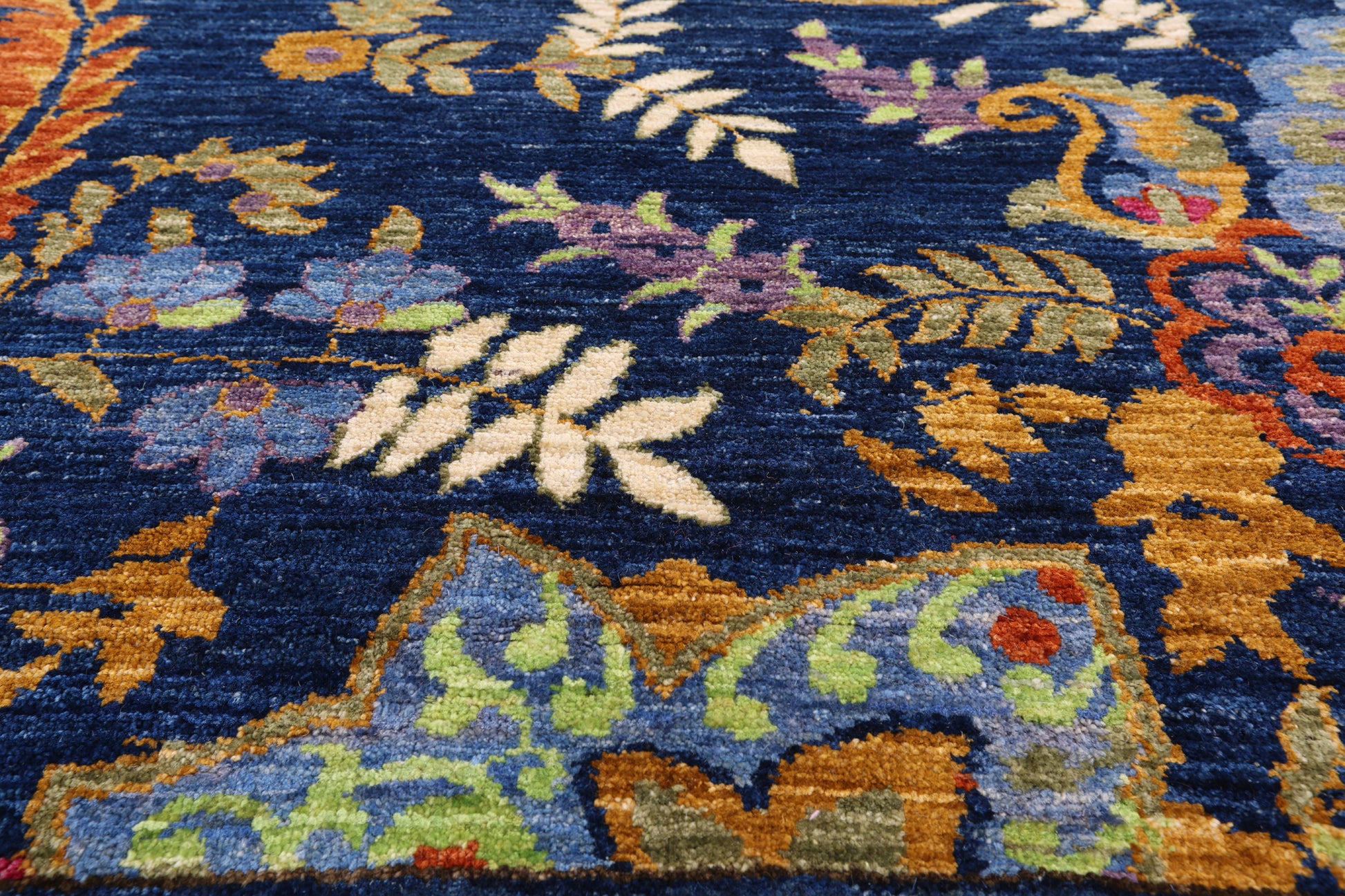 Blue William Morris Hand Knotted Wool Rug - 9' 1" X 11' 7" - Golden Nile