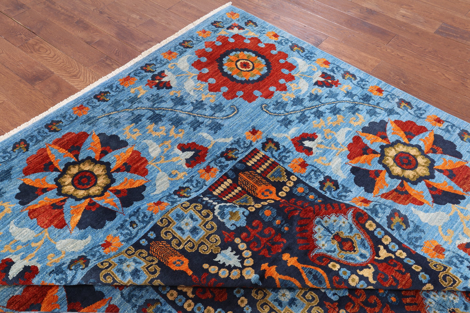 Blue William Morris Hand Knotted Wool Area Rug - 9' 0" X 11' 11" - Golden Nile
